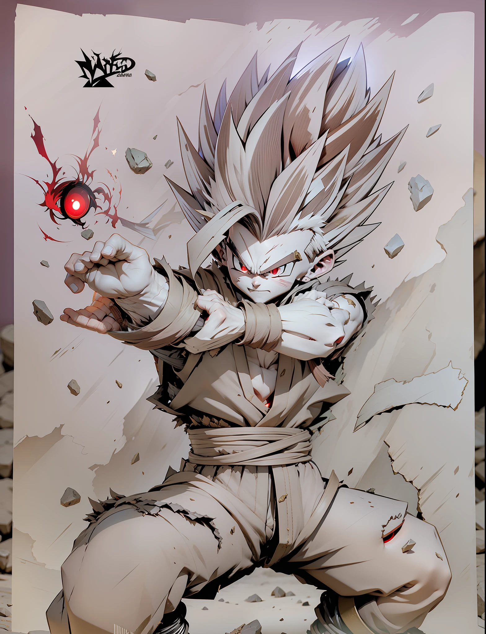 masterpiece, best quality, ultra-detailed, Adult Gohan 1boy, solo, Full body, evil smile, Gold glowing hair, spiked hair, (((red eyes))), (((perfect eyes))), ))), full body, looking at viewer, male focus, earth \(planet\), planet, cracked ground and lots of rocks rising up, lots of debris going up, perfect hands . Cute, chibi, wearing tattered tank shirt and toren clothing, full body glowing gold aura, dark