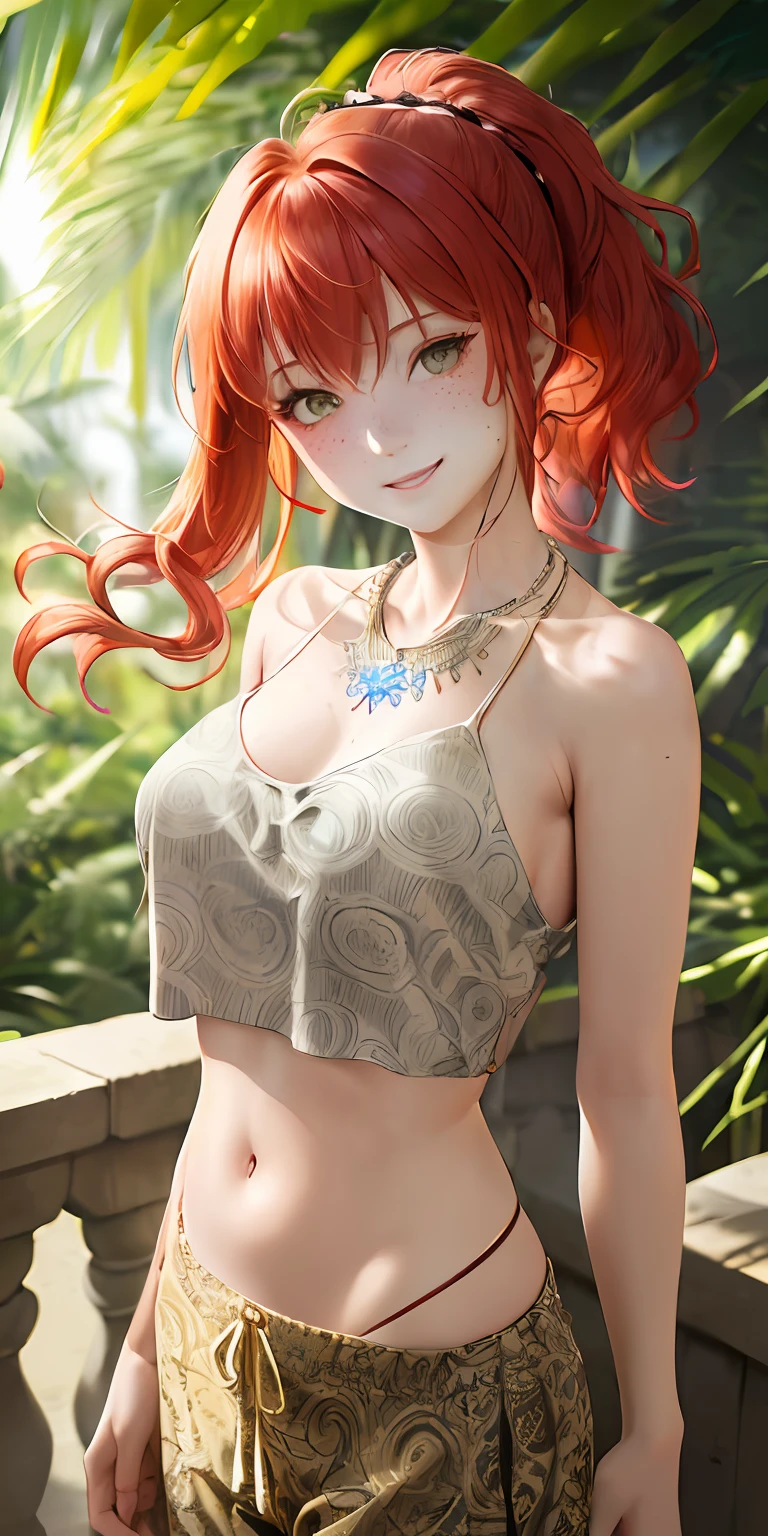 (masterpiece, best quality), 1girl, collarbone, wavy hair, looking at viewer, blurry foreground, upper body, necklace, contemporary, plain pants, ((intricate, print, pattern)), ponytail, freckles, red hair, dappled sunlight, smile, happy,