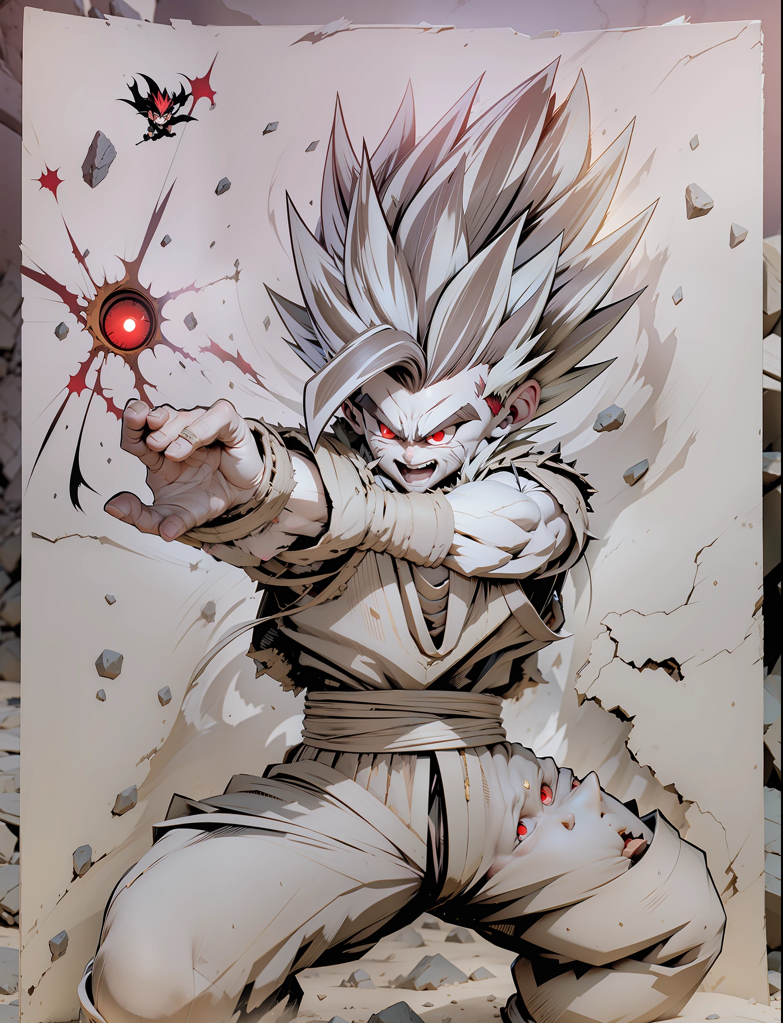 masterpiece, best quality, ultra-detailed, Adult Gohan 1boy, solo, Full body, evil smile, Gold glowing hair, spiked hair, (((red eyes))), (((perfect eyes))), ))), full body, looking at viewer, male focus, earth \(planet\), planet, cracked ground and lots of rocks rising up, lots of debris going up, perfect hands . Cute, chibi, wearing tattered tank shirt and toren clothing, full body glowing gold aura, dark