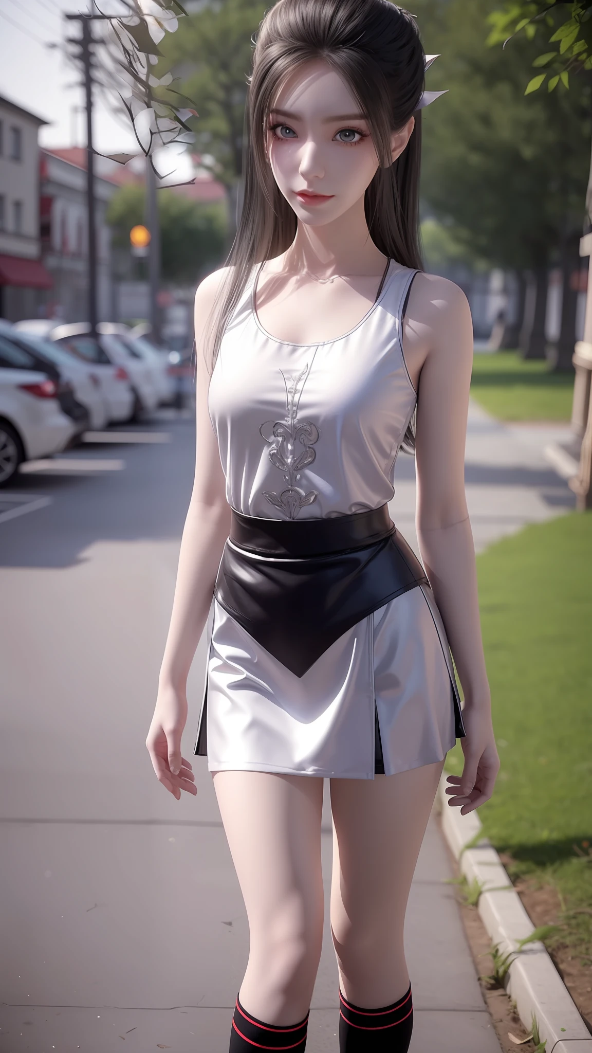 Arad woman posing for photo in short skirt and white shirt, Surrealism female students, Surrealism female students, Realistic schoolgirl, photorealistic anime girl rendering, thighhighs and skirt, 3 d anime realistic, small curvaceous loli, wearing skirt and high socks, Photorealistic anime, cute female student, Realistic anime 3 D style, female student