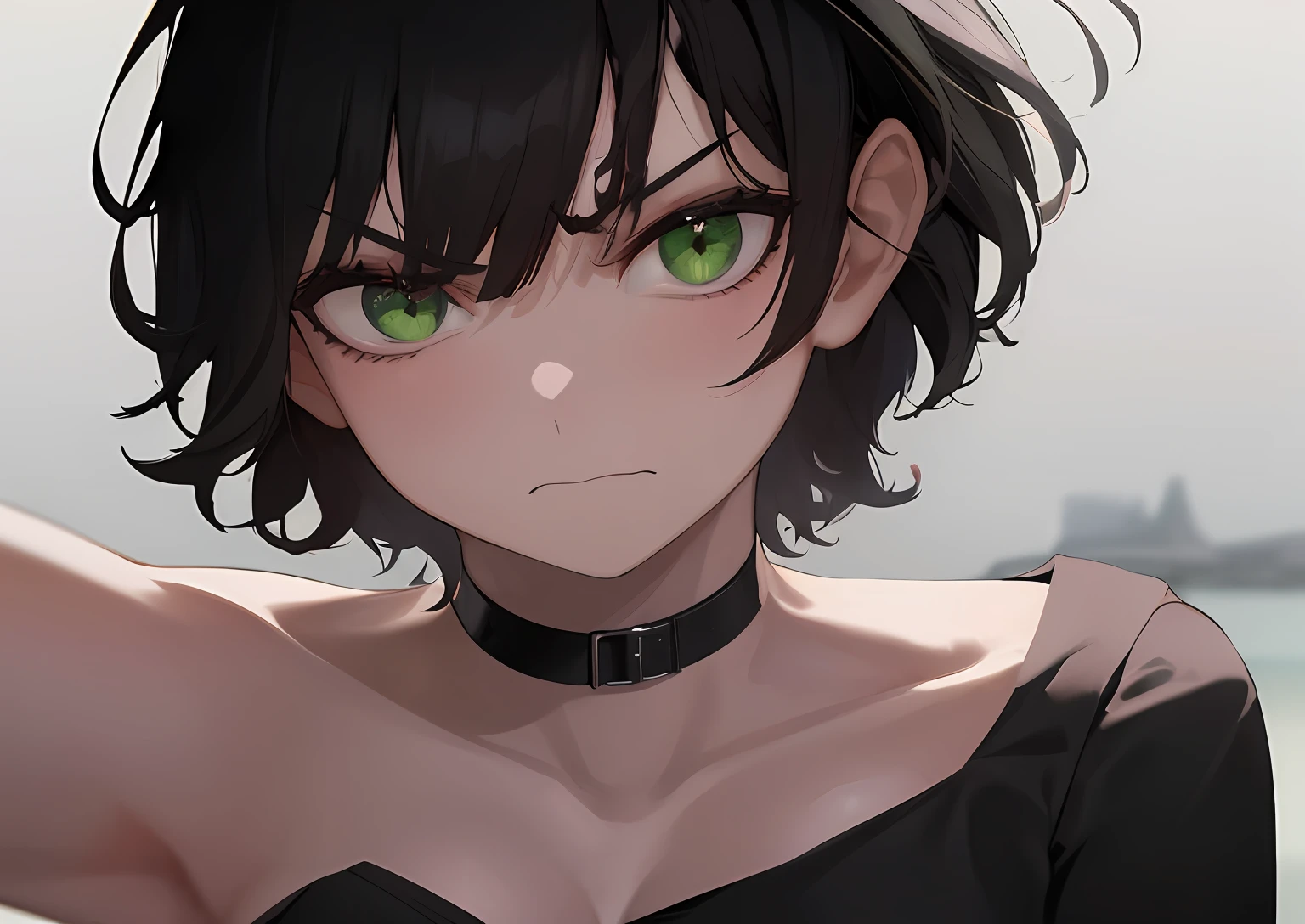 Full black hair, full green eyes,