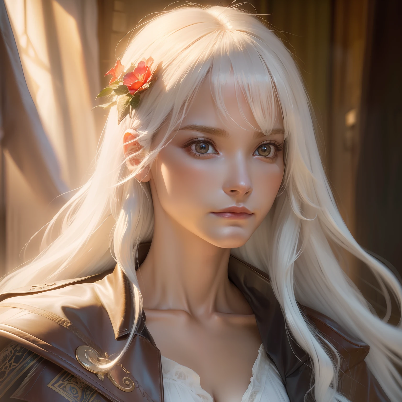 Hyperrealist portrait of female by david hockney and alphonse mucha,fantasy art, photo realistic, dynamic lighting, artstation, poster, volumetric lighting, very detailed faces, 4 k, award winning,, 1girl, in the dark, deep shadow, low key,cowboy shot,(official clothing:1.4) ,long hair,white hair,