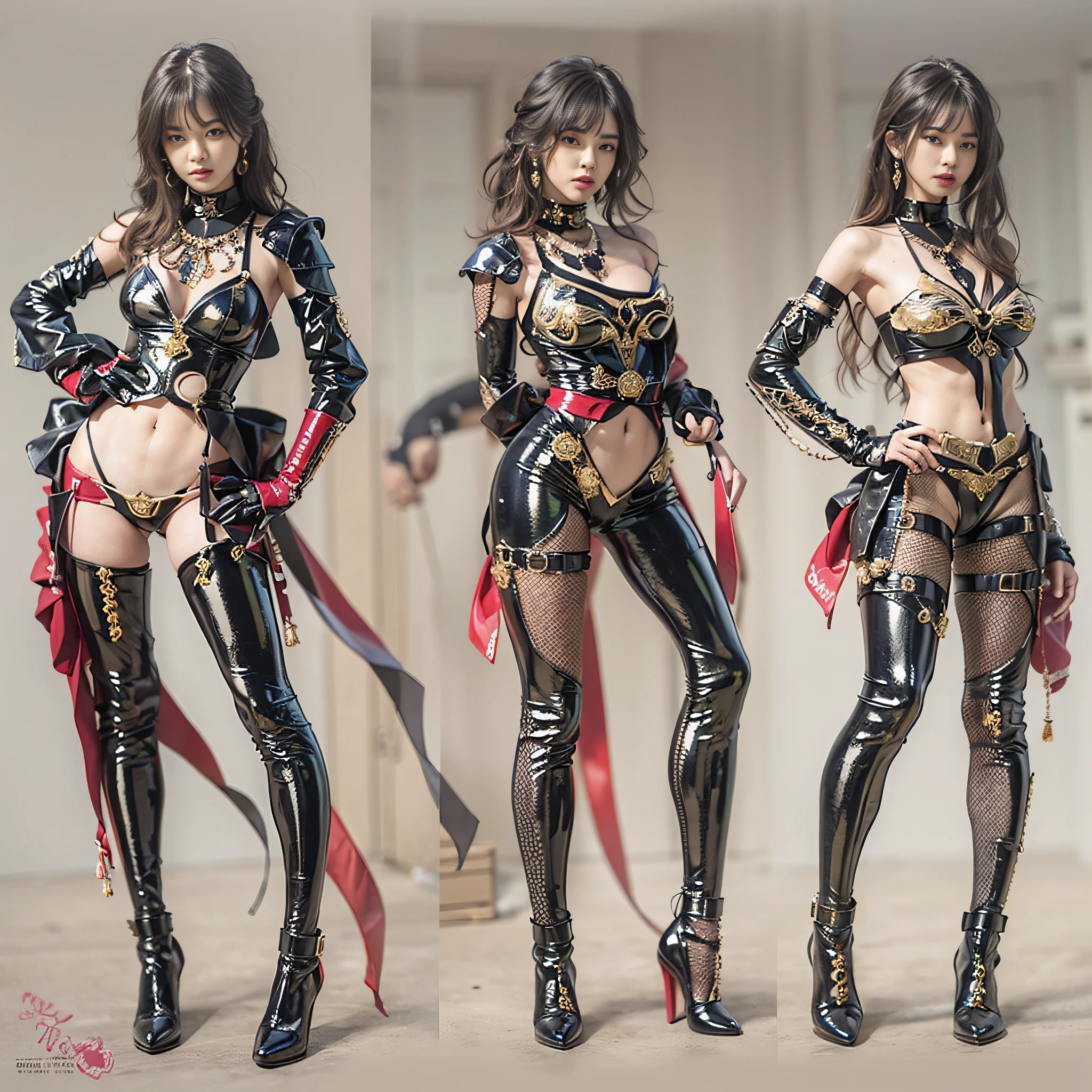 ((​masterpiece:1.4)、(top-quality:1.4)、(reallistic:1.7))、Mercenary troops from another dimension、Cute girl mercenary、Sexy Daughter、1girl in、latex shiny、Latex bodysuit、By Luis Royo、age19、Ultra Ultra Bikini、Looking Back Beauty、Outstanding style、Slender Abs、Anatomically correct limbs、Realistic standard body shape、beauty legs、Beautiful ass、A detailed eye、Raw photo、red-lips、Red high heels、a choker、a necklace、耳Nipple Ring、