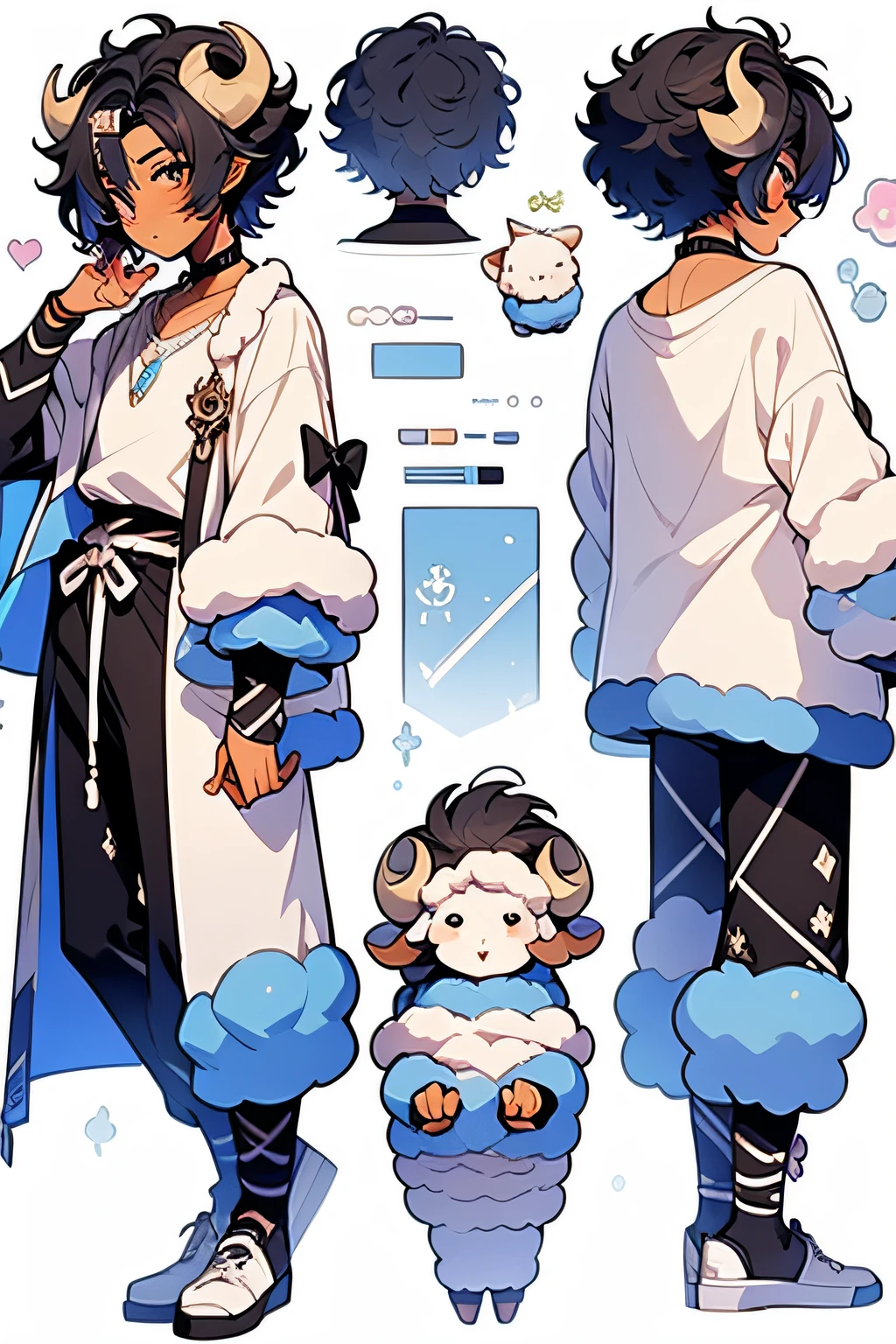 sheep boy anime, refsheet, anime styled, character design, masc, pretty boy, tall, blue, darkskin, black hair, blue, white , sheep, sleepy, horns, tall, rendered, mascline, pajama, musclar, masc, pretty boy, black hair