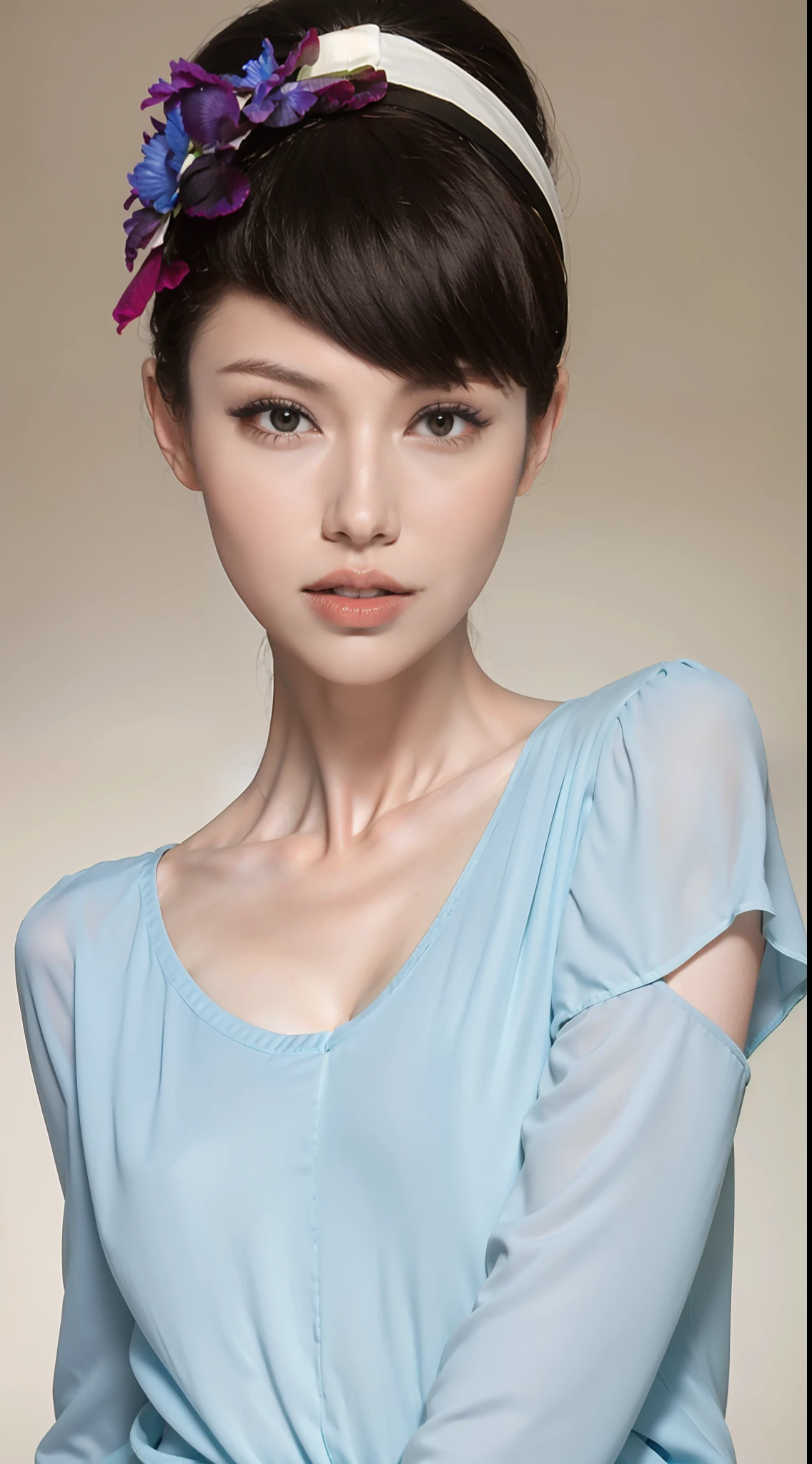 Fashion model 20 years old [[[[closeup cleavage]]]], [[[[boobgasm]]]], [[[[coll]]]], [[[[bshoulders]]]], perfect  eyes, Perfect iris，Perfect lips，perfect teeth，Perfect skin，Long face，slender nose，with fair skin，Soft front light，hdr，Movie girl，Casual，The background is indoors（pastel colour：1.2）