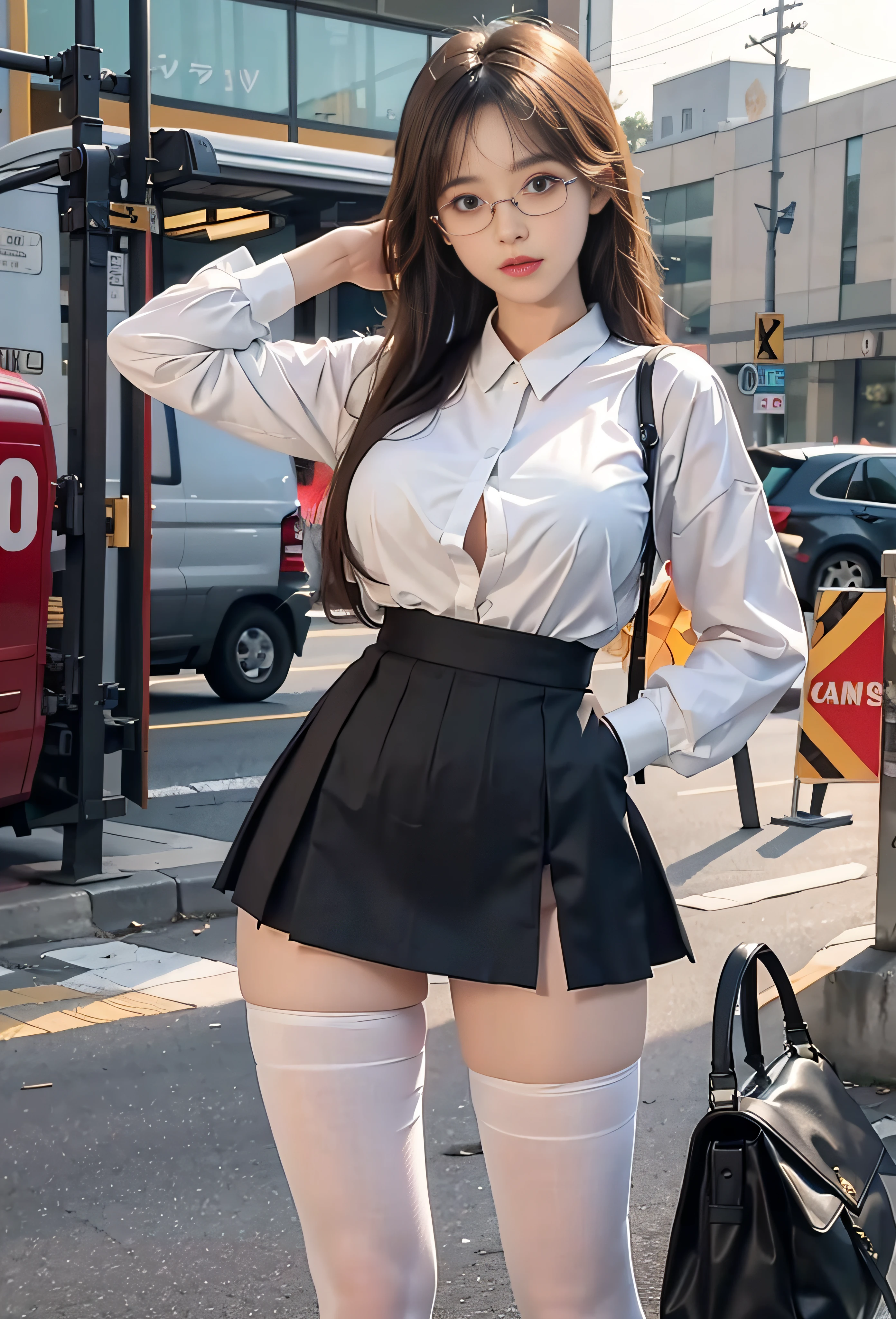 ulzzang-6500-v1.1, (raw photo:1.2), (photorealistic:1.4), beautiful detailed girl, very detailed eyes and face, beautiful detailed eyes, ridiculous, incredibly ridiculous, huge file size, super detailed, high resolution, very detailed, best quality, masterpiece, ((fashion clothing with diverse colors)), illustration, very detailed, CG, unified, 8k wallpaper, amazing, fine detail, masterpiece ,best quality, very detailed CG uniform 8k wallpaper, light on face, movie lighting, 1girl, 16 years old, long white hair, side splits, (big breasts), (no panties)), (glasses), ((dynamic pose))), ((sexy pose))), (camel toe), (half), (pantyhose)), ((black hip skirt))