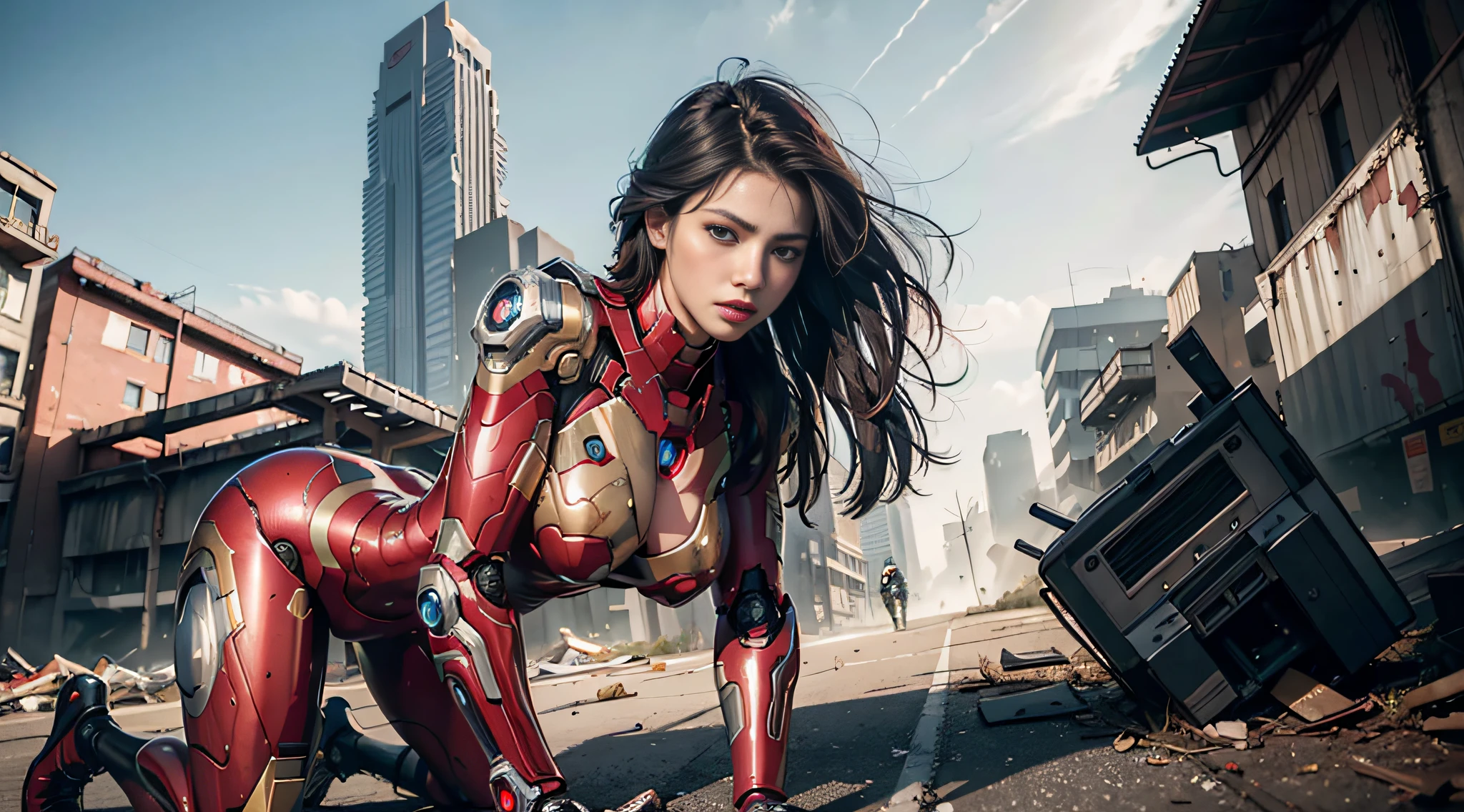 RAW, Masterpiece, Ultra Fine Photo,, Best Quality, Ultra High Resolution, Photorealistic, Sunlight, Full Body Portrait, Stunningly Beautiful,, Dynamic Poses, Delicate Face, Vibrant Eyes, (Side View) , she is wearing a futuristic Iron Man mech, red and gold color scheme, highly detailed abandoned warehouse background, detailed face, detailed and complex busy background, messy, gorgeous, milky white, high detailed skin, realistic skin details, visible pores , sharp focus, volumetric fog, 8k uhd, dslr camera, high quality, film grain, fair skin, photorealism, lomography, sprawling metropolis in futuristic dystopia, view from below, translucent,sexy ass look