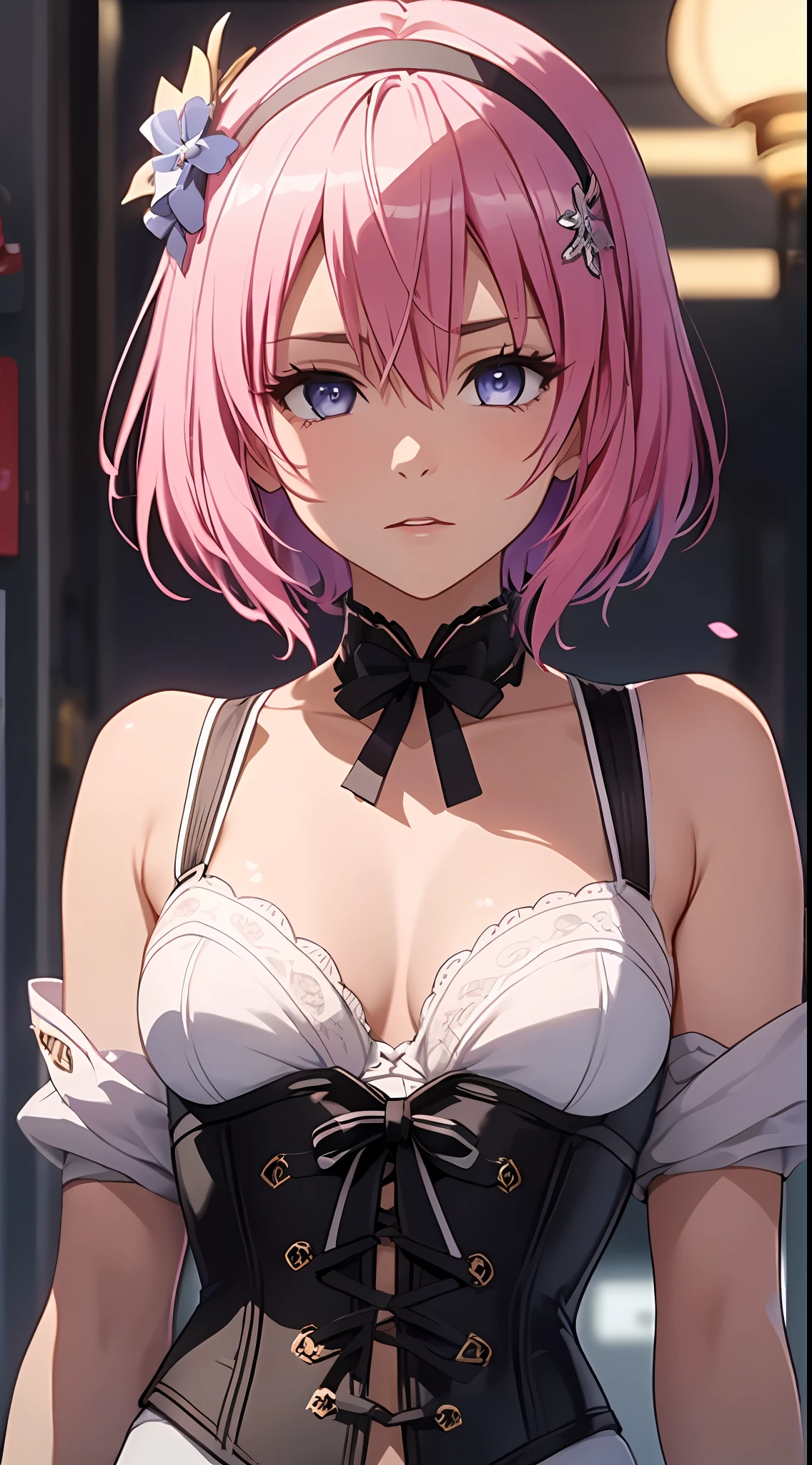 Mast, best quality, 1 girl, raiden shogun\ (genshin impact), glass pink hair, glass eyes, short hair, headband, hair accessories, looking at the audience, front view, hands out if frame, white undergarments, black corset