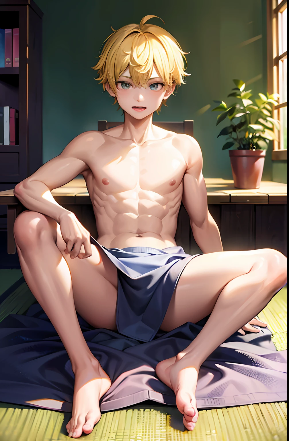 masterpiece, best quality, high quality, 1boy,, , duo, male focus, full body, looking at viewer, yellow hair,spiky hairstyle, short hair, steam smork, japan style, anime coloring, shy, home muji style, detailed face, topless, white towel on waist, playing game, excited, happiness