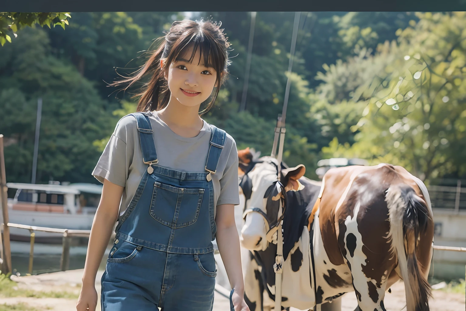 (8K、Raw photography、top-quality、masuter piece:1.2)、ultra-detailliert、ultra res、(realisitic、rialistic photo:1.37), (yo japanese girl, Round face, Bangs, poneyTail, By Ferris boat), Solo, (Smile:0.5), Girl Walking In Front Of A Cow, Wearing denim overalls and brown t-shirt