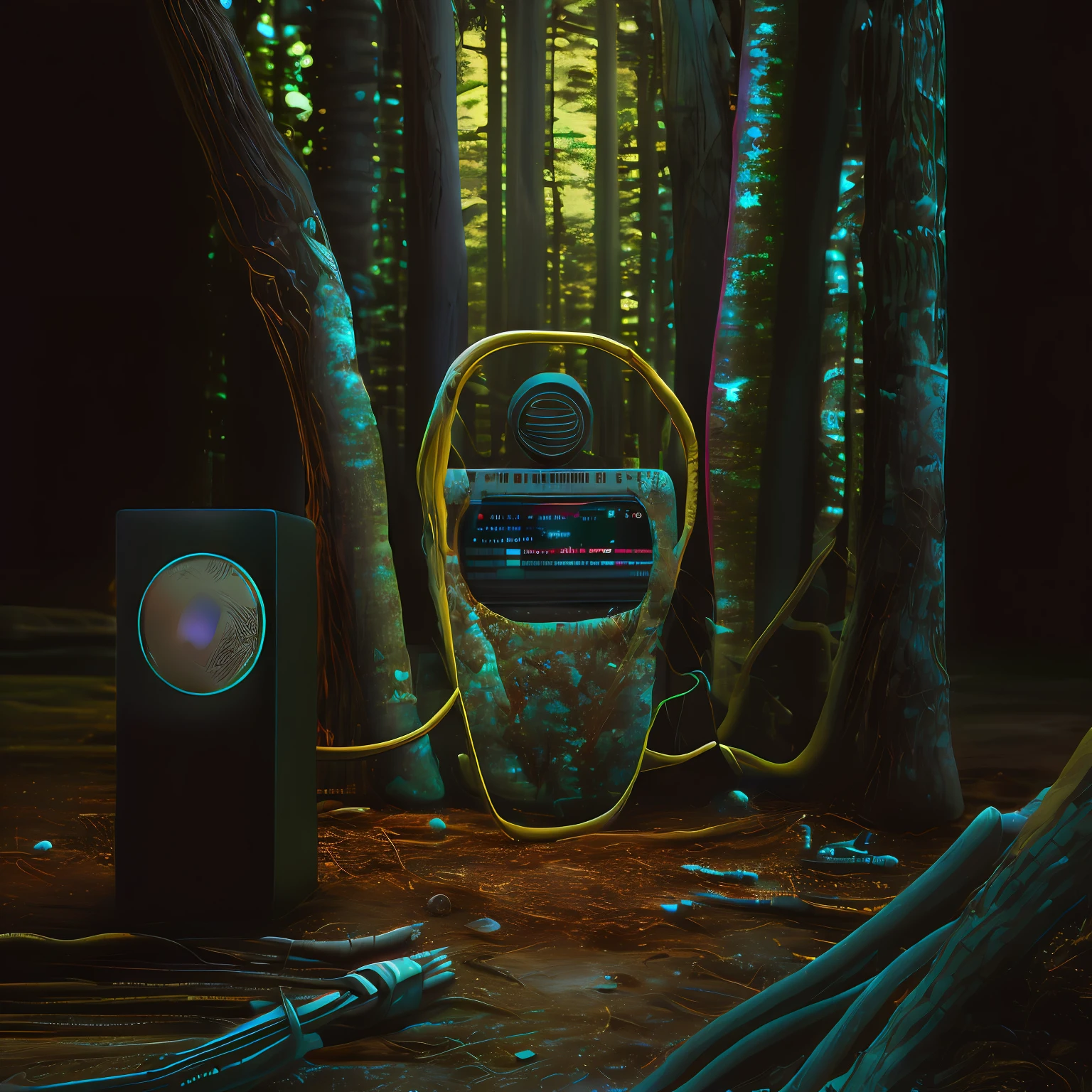 Criar uma imagem de um escuro, Ominous forest with a speaker in the middle, realista