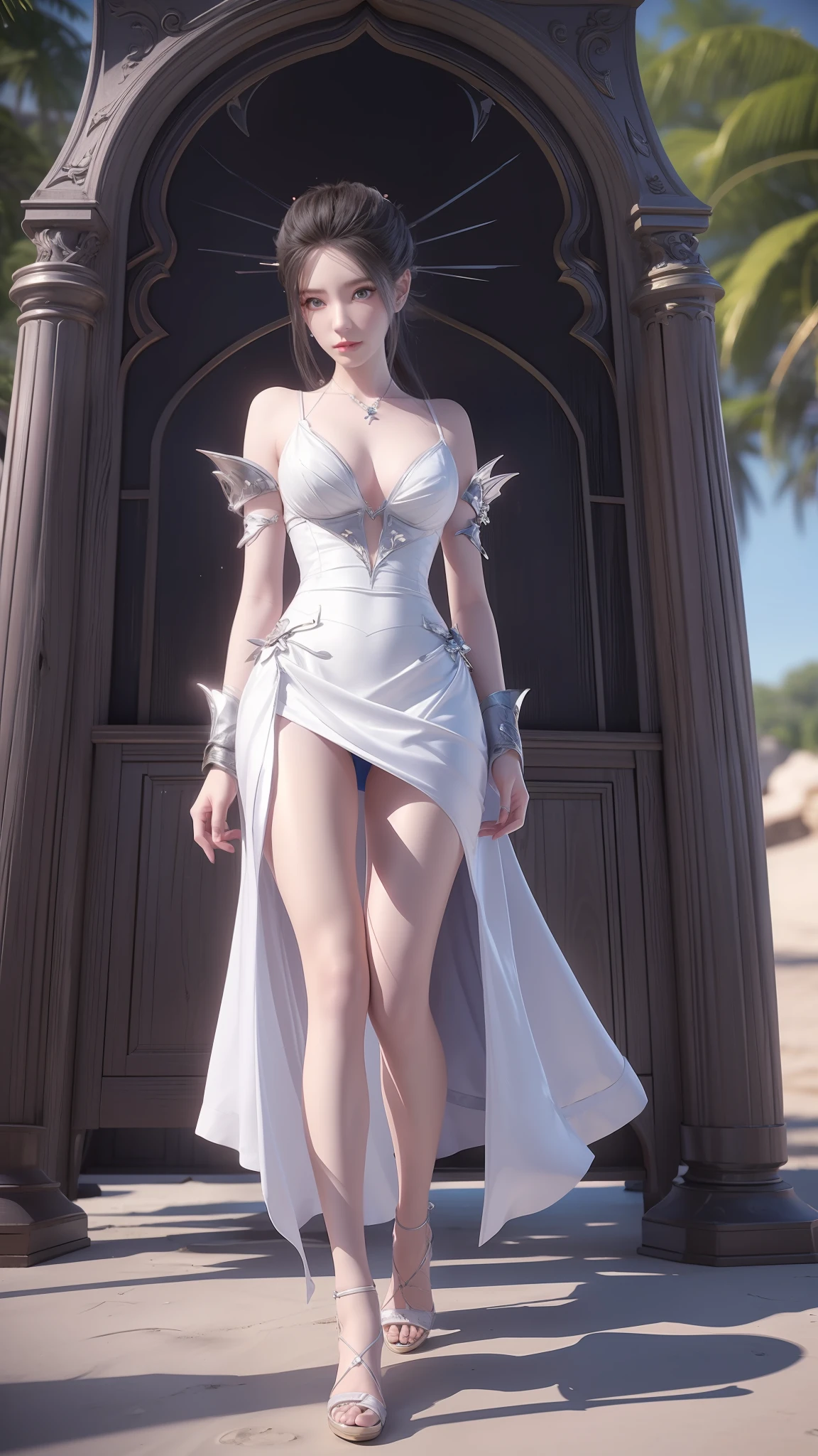 Anime girl in white dress walking on beach, Inspired by 3D renderings by Cynthia Shepard, Trend of CGsociety, Fantasy art, fantasyoutfit, fantasy style clothing, 3 D rendering character art 8 K, realistic fantasy rendering, stuning fantasy 3 d render, wearing fantasy clothing, render of a cute 3d anime girl, 8K high quality detailed art