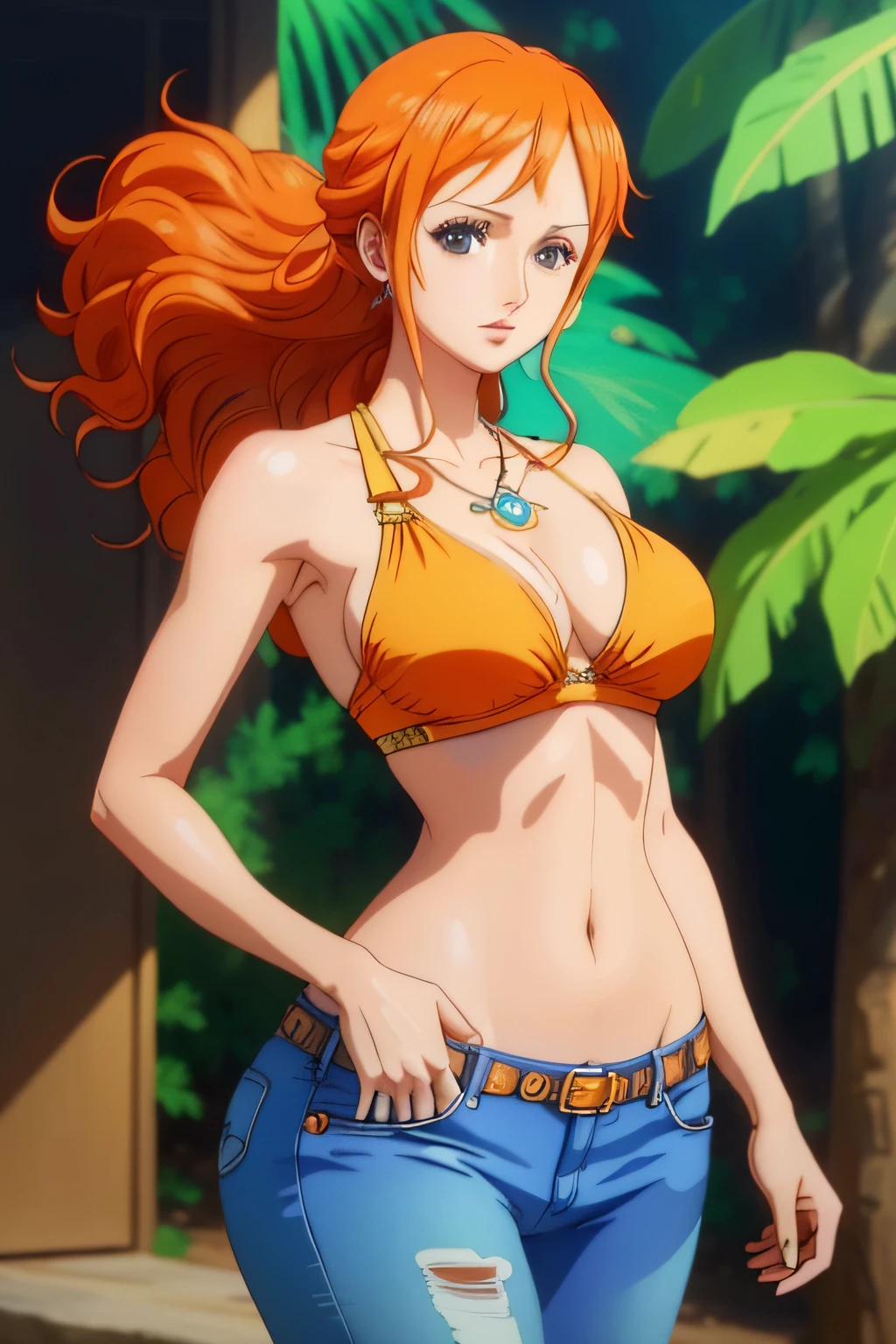 "((Masterpiece)), stunning quality, intricate details, portrayal of 1 woman, her long orange hair flowing, wearing a bikini top, highlighting her ample curves, adorned in jeans, capturing the essence of Nami, the beloved character from One Piece, with a high-resolution touch (1.2)."