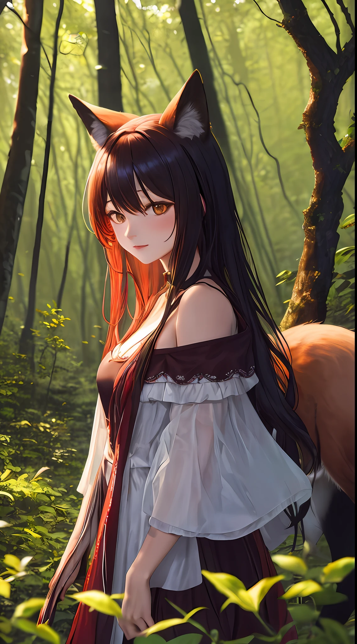 Stunning high-quality image about a red fox woman in a magical forest