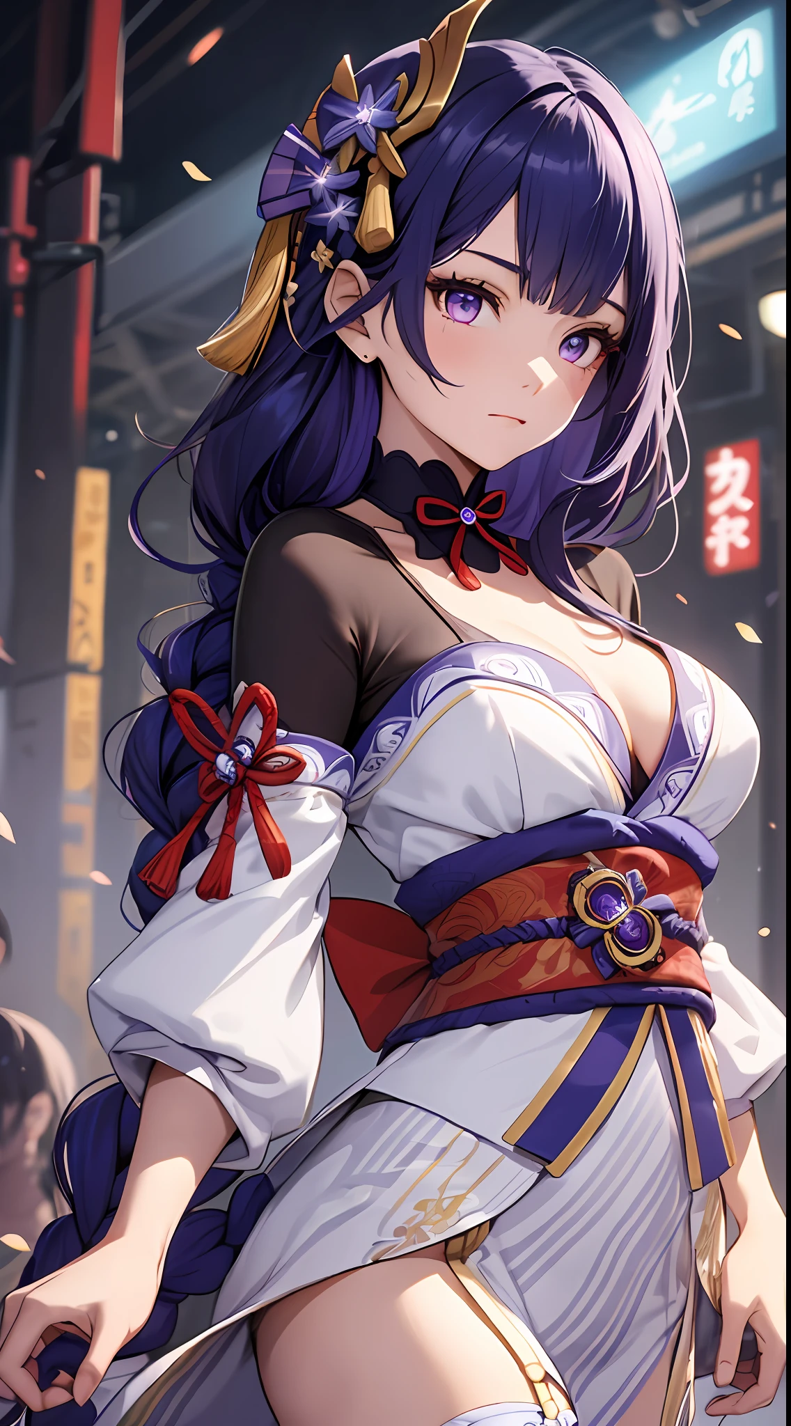 Mast, best quality, 1 girl, raiden shogun\ (genshin impact), glass hair, glass eyes, short hair, headband, hair accessories, looking at the audience, front view, hands out if frame, white undergarments, black corset