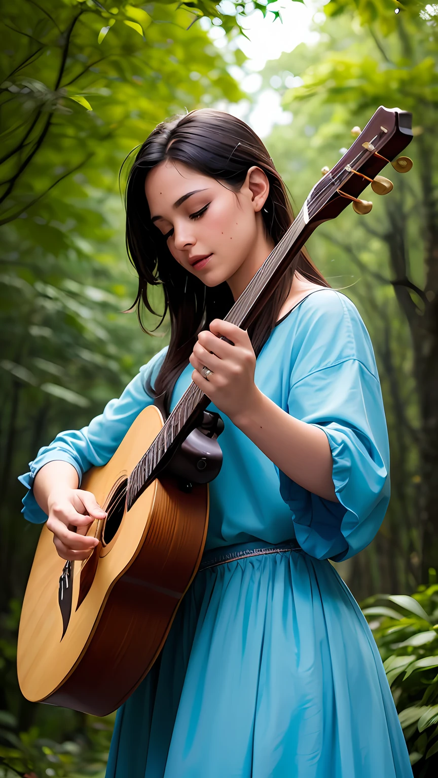 (obra maestra, fotorrealista, La mejor calidad, realista:1.3), Talented Caucasian bard men, (concentration:1.2), ropa medieval con capa, Strumming a melodious melody on the lute, (Instrumento elaborado por expertos:1.1), Dedos bailando con gracia en las cuerdas, eyes closed, Totally immersed in music, Soft moonlight bathing the scene, (Sombras moteadas de la hoguera:1.2), warm glow illuminating the Bard's face, serene expression, Lovely music echoing through the forest, lush greenery, towering trees, (Susurrando hojas:1.2), (suave susurro del viento:1.1), Magical atmosphere, Nocturnal birds join the symphony,  revoloteando alrededor, (hoguera crepitante:1.2) Proyectando una fascinante danza de luces y sombras, Harmonious blend of nature and music, Rendimiento medio, emociones conmovedoras, Artistic representation capturing every detail, Wood grain in the Lute, intrincadas tallas en el instrumento del Bardo, Notas iluminadas en la partitura, and each strand of hair gently swaying in the breeze.