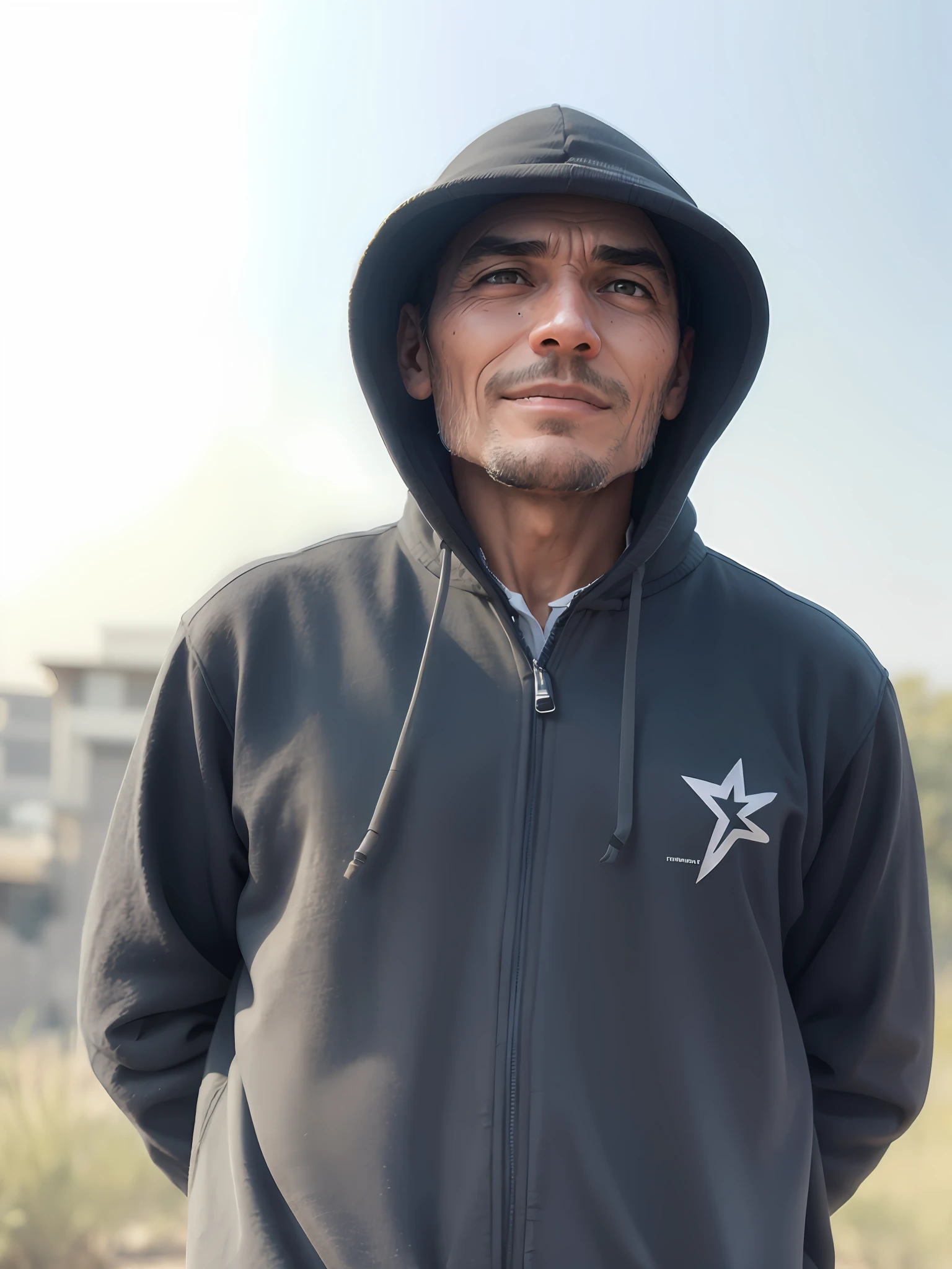 Sinico profile man giving a laugh Maliga wearing a sweatshirt Hyper realistic photography