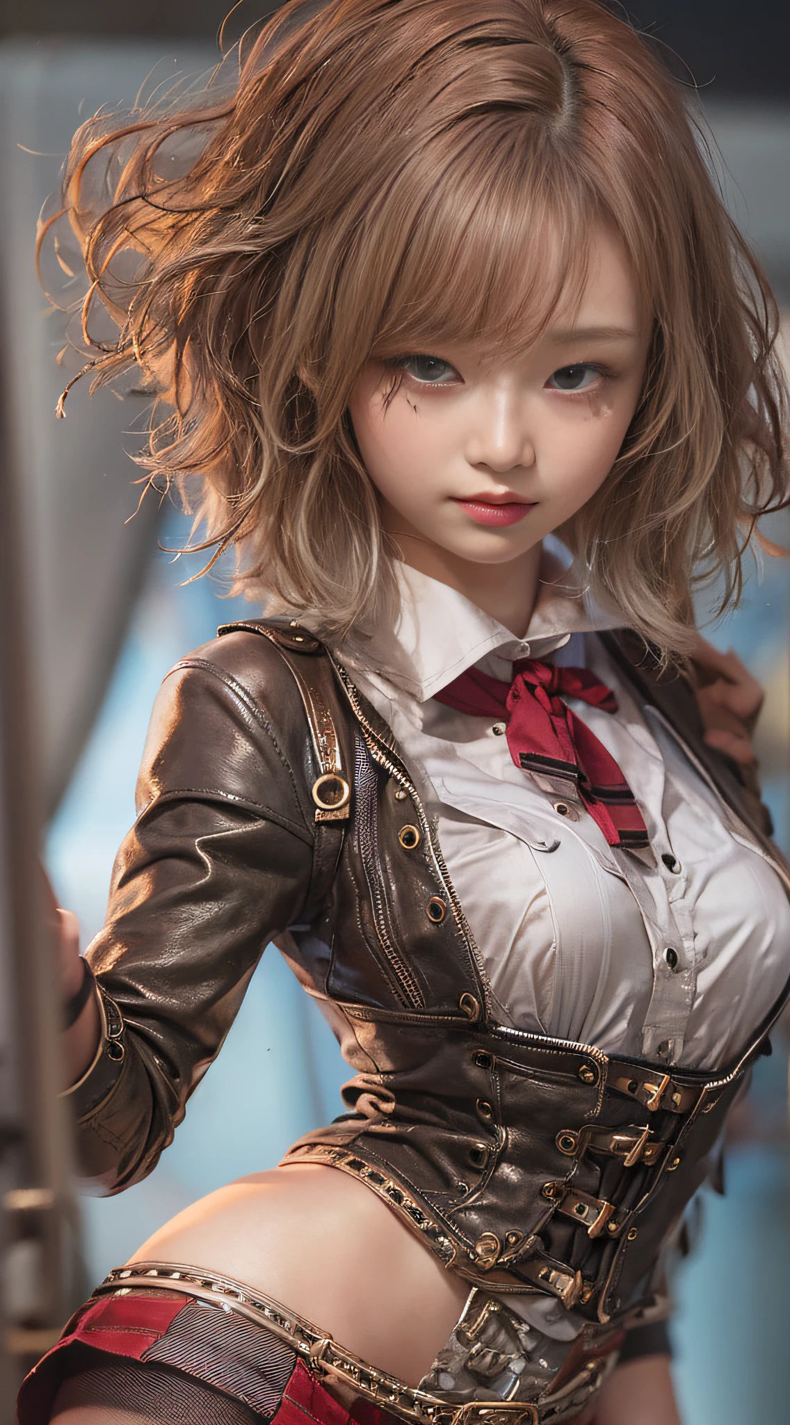 Cute Girl, Leather Costume, Knee shot, Exposure boom, Steampunk Pin-Up Girl, Steampunk girl on a garter belt, Steampunk beauty, Steampunk Goddess, Steampunk style location, Steampunk costumes,. Wearing a steampunk dress, closeup portrait shot, steampunk inventor girl, High-quality close-ups,
NSFW, 8k RAW photo, The highest image quality, masutepiece, ultra-quality, Film grain, Natural Skin Texture, realistic eyes and face details, Full lips, lip stick, (make up), Red Eye Shadow, short fluffy hair, hair messy, Smile, Full Mouth, nice legs, Tall Woman, (backgroung details), slim, Slim Nice Legs, One, cleavage, Cleavage legs, One, cleavage, Hip Look Pose, Very short skirt, hip, Shirt, Hip Look Pose, Skirt, hip, Shirt, (backgroung details), Burberry Plaid, plaid skirts, (((very small chest))), A shirt with a little cleavage, Blurred background explanation: Burberry, Pleated skirt, depth of fields