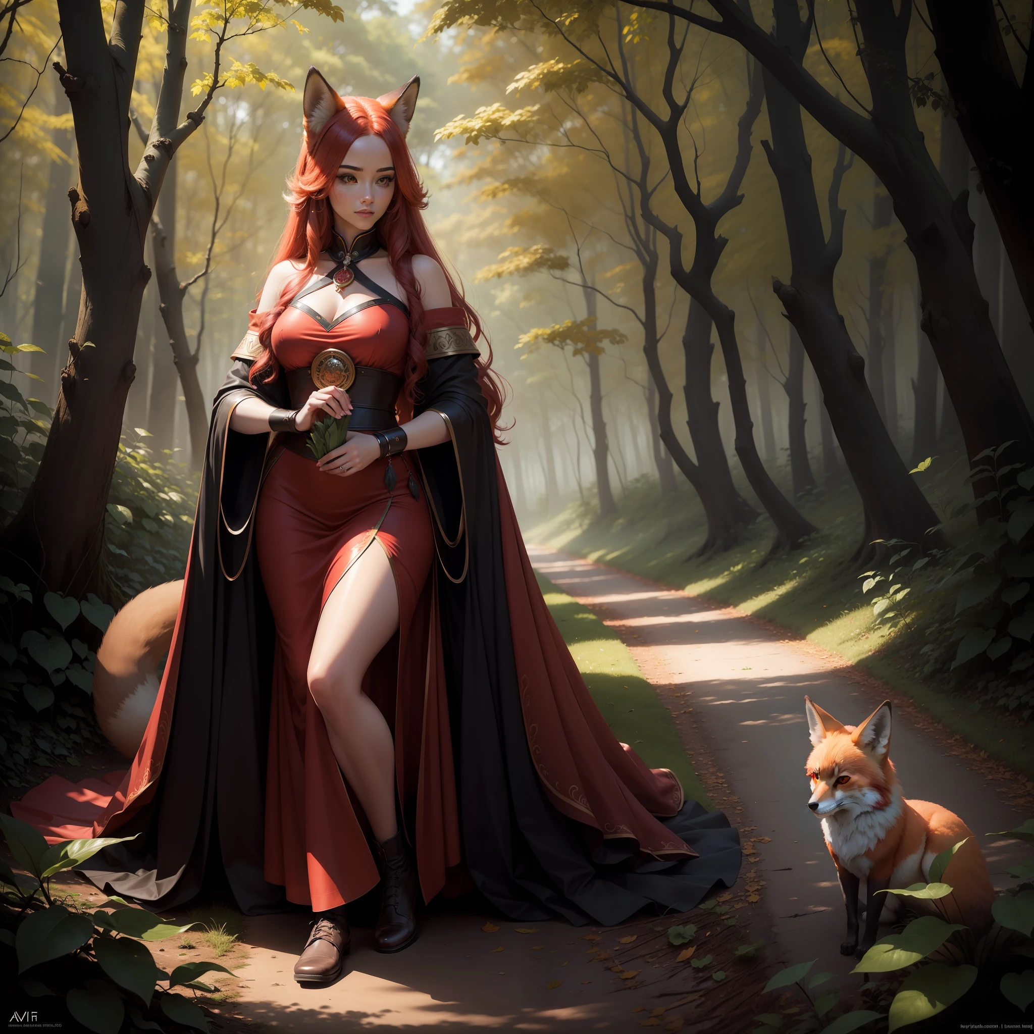 Stunning high-quality image about a beautiful red fox woman in a magical forest