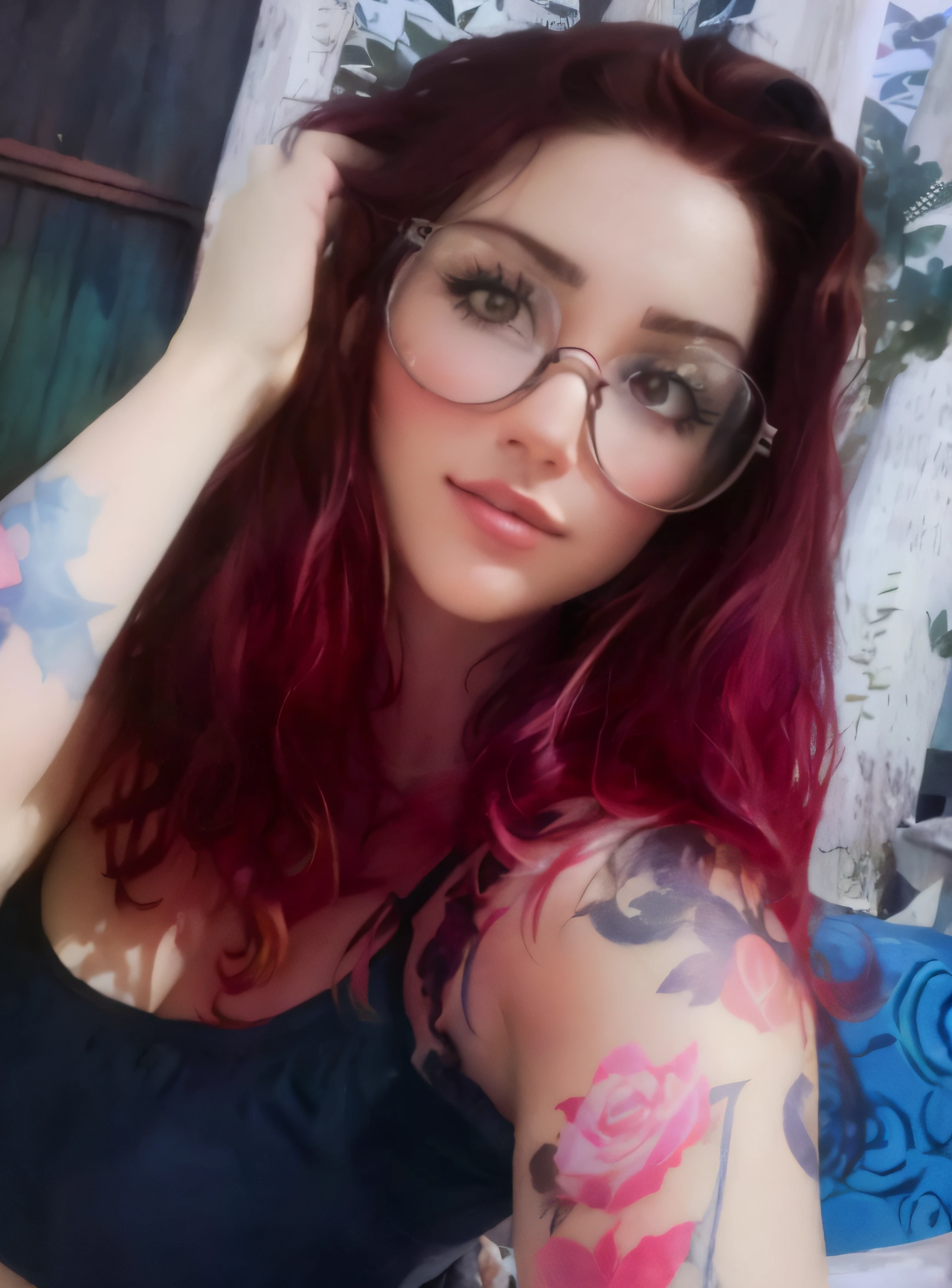 There's a woman with purple hair and glasses posing for a photo, imagem de perfil, angelawhite, Angiewolf, com cabelos roxos, 1 8 I, With eye Glasses, 18 anos, wearing goggles , com tatuagens, Cor rosa, pink hair, cabelos roxos carmesim e olhos xastanhos, Coberto, Tatuado, colorido