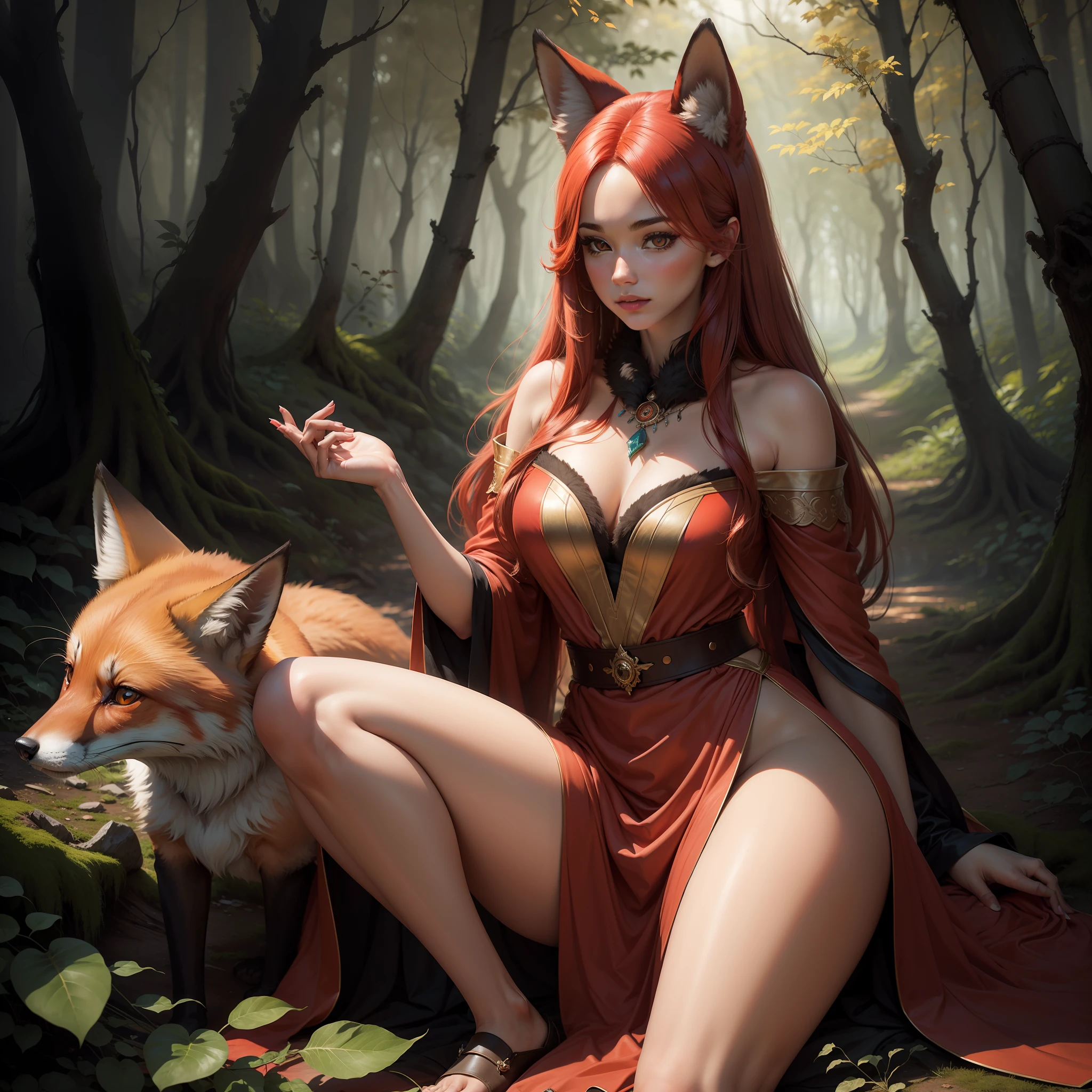 Stunning high-quality image about a beautiful red fox woman in a magical forest