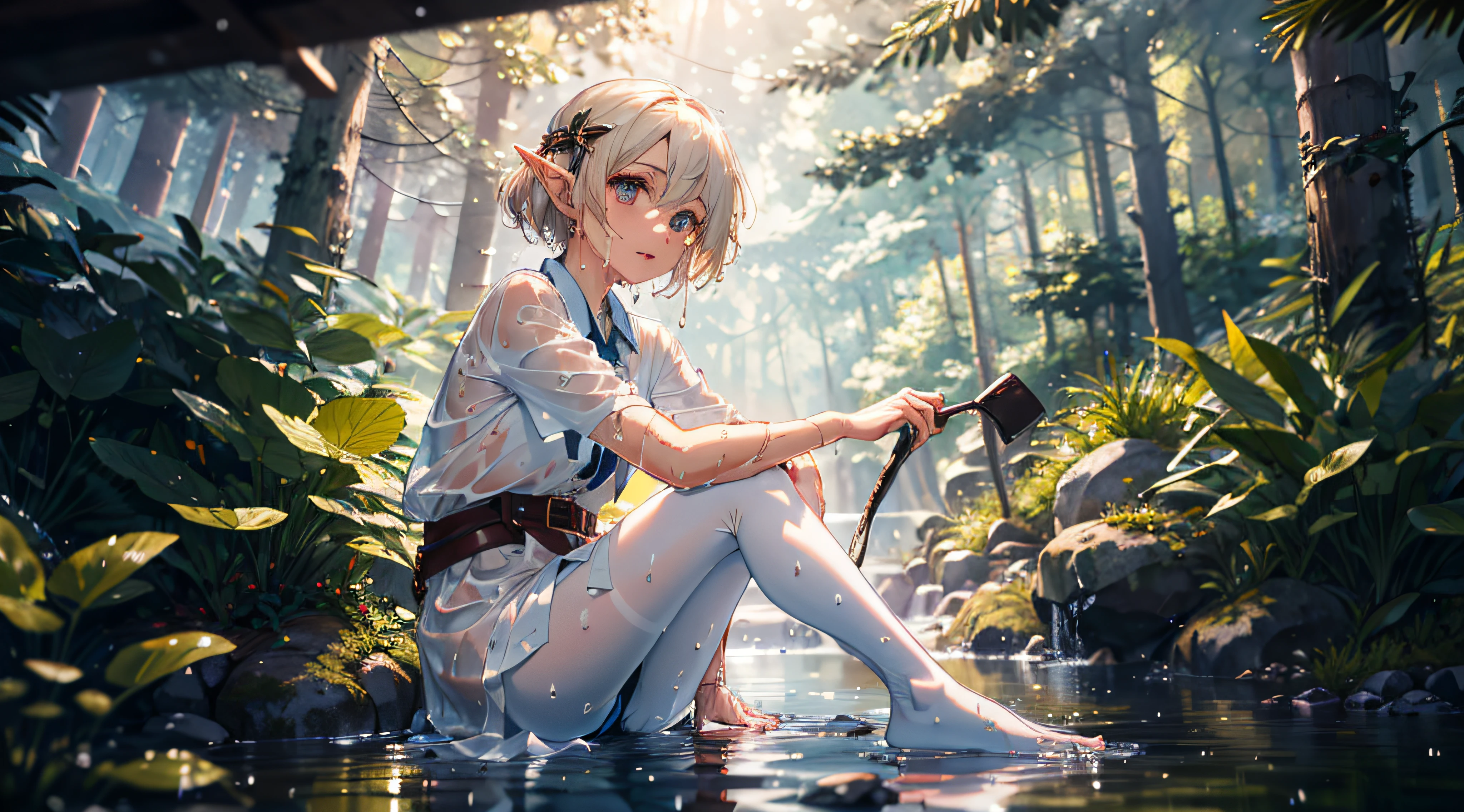 An extremely delicate and beautiful girl, 8K wallpaper, Masterpiece,Cinematic lighting, Best quality,illustration,detailed face portrayal,(Strong lighting:1.5),Sunlight,hard lighting,elf,White pantyhose, Foot focus,(( Wet clothes:1.2)), River, Sitting, forest,