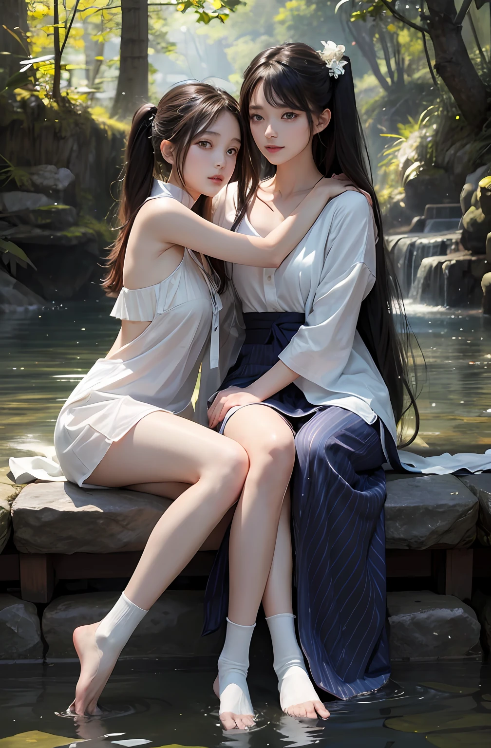 model shoot,morning,(Early morning),(day:1.8),(colorful theme,),in summer,onsen,(nature:1.9),posture collar,fishnet socks,(((2 girls,duo))),hugging,full body,very long hair,grin,dynamic angle,dynamic pose,outdoors,chinese style architecture,
(raw photograph:1.2), (photorealistic:1.4),ultra-detailed, highres, extremely detailed,best quality ,masterpiece, illustration, an extremely delicate and beautiful, extremely detailed ,CG ,unity ,8k wallpaper, Amazing, finely detail, masterpiece,best quality, pureerosface_v1,ulzzang-6500-v1.1,