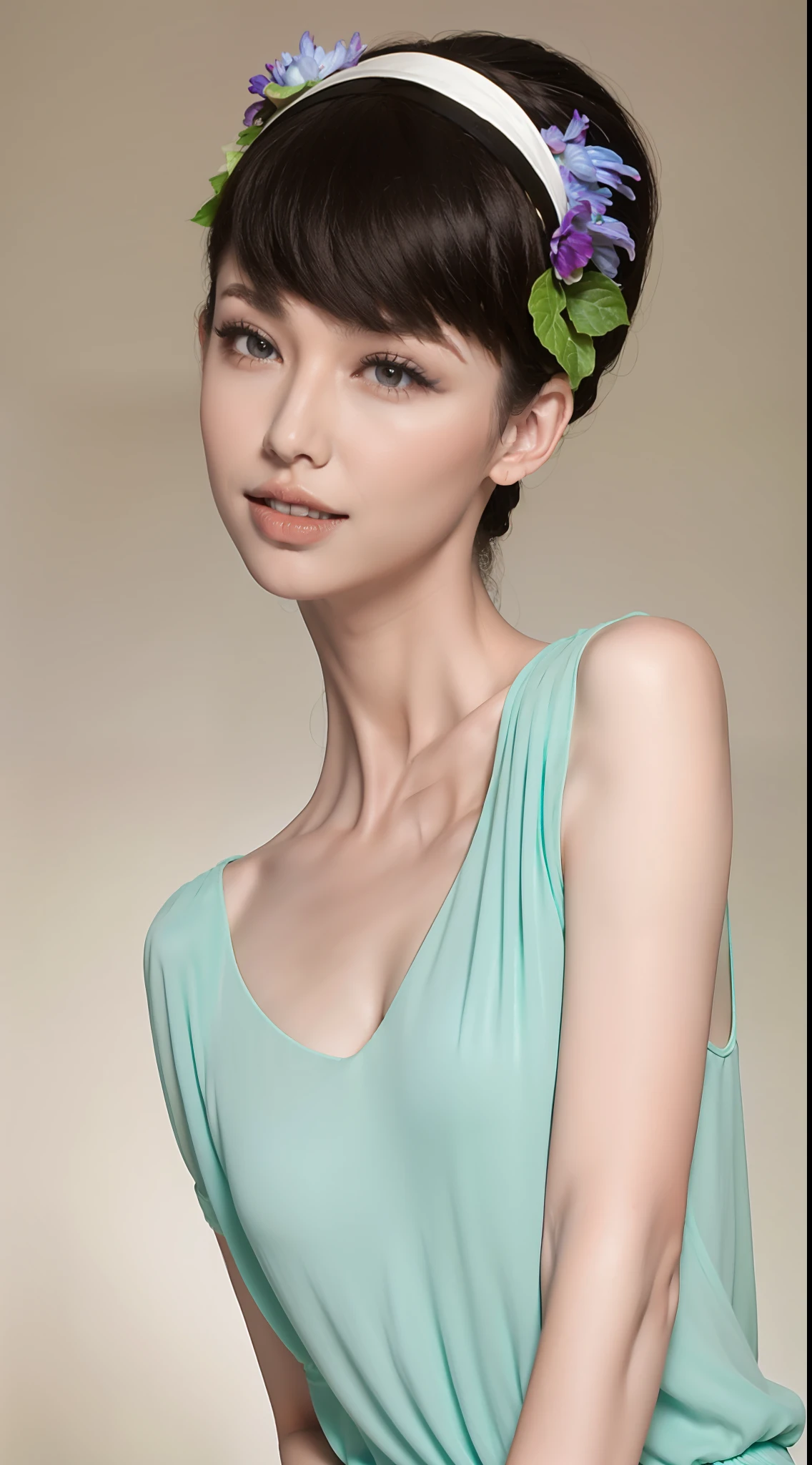Fashion model 20 years old [[[[closeup cleavage]]]], [[[[boobgasm]]]], [[[[coll]]]], [[[[bshoulders]]]], perfect  eyes, Perfect iris，Perfect lips，perfect teeth，Perfect skin，Long face，slender nose，with fair skin，Soft front light，hdr，Movie girl，Casual，The background is outdoor，Flowers and greenery，（pastel colour：1.2）