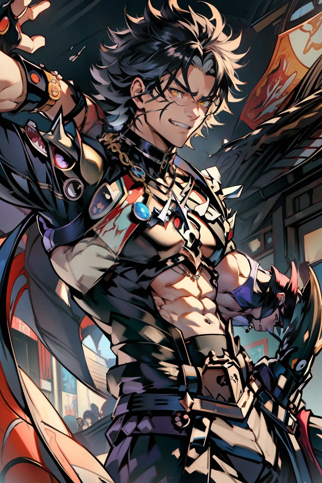 《the original god》Arataki Kazuto , male people,,((Masterpiece)), ((Best quality)), Ultra detailed,((illustration)), Dynamic Angle, Detailed light, (Delicate eyes), Floating, 1boy, Male focus, Head, Clothing, Yellow eyes, necklace, tattoo, (Forehead:0.8), (ahoge:0.8), jewelry, apathy,Ray, chest muscle, Sexy , Venom symbiote for your body, Black mucus of the body , (into venom), Venom,frontage,style of anime4 K, 4K anime wallpaper, Badass anime 8 K, 4 k comic wallpaper, young anime man, Anime boys, Anime wallpapers 4 k, Anime wallpaper 4K, High quality anime art style, Anime moe art style, Anime art wallpaper 8 K, Anime art wallpaper 4 K, RGB lighting