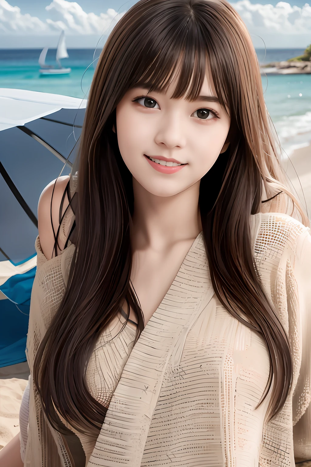 Summer sandy beach spreads out in the background、Blue sea and blue sky spread out。Women in swimsuits are having fun under parasols。