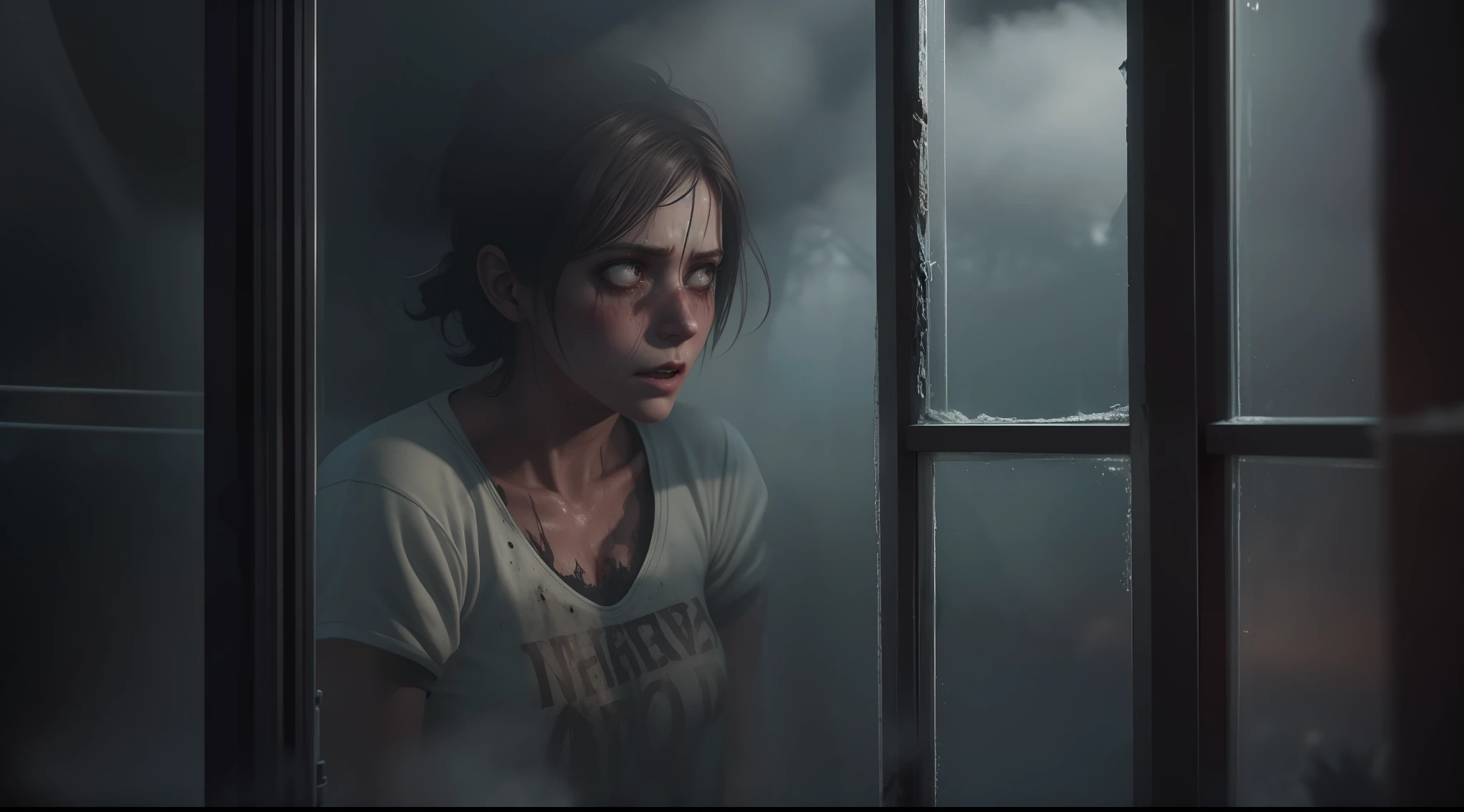 imagem realista de  uma mulher blusa cinza chorando e gritando, dirty and sweaty looking through a broken window, e do lado de fora nevoa escura apocaliptica, a lot of fog and terror.