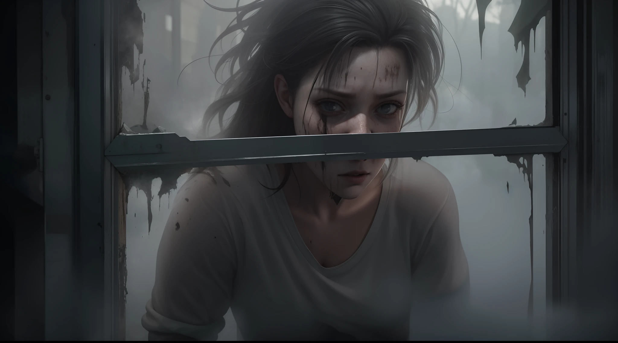 imagem realista de uma mulher blusa cinza chorando e gritando, dirty and sweaty looking through a broken window, e do lado de fora nevoa escura apocaliptica, a lot of fog and terror.