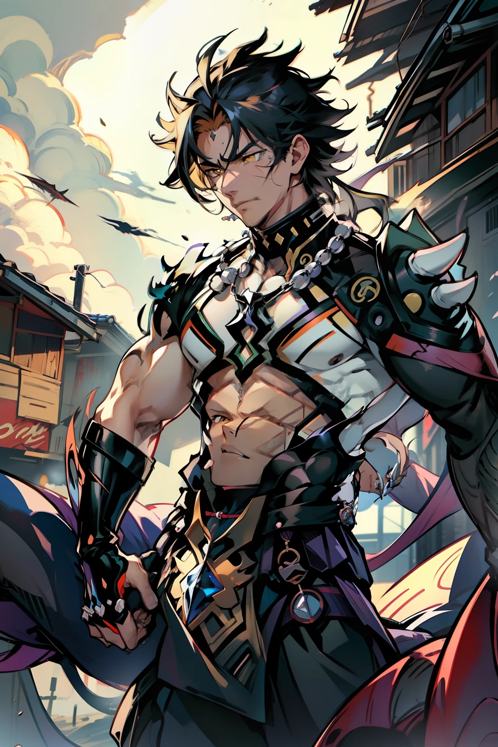 《the original god》Arataki Kazuto , male people,,((Masterpiece)), ((Best quality)), Ultra detailed,((illustration)), Dynamic Angle, Detailed light, (Delicate eyes), Floating, 1boy, Male focus, Head, Clothing, Yellow eyes, necklace, tattoo, (Forehead:0.8), (ahoge:0.8), jewelry, apathy,Ray, chest muscle, Sexy , Venom symbiote for your body, Black mucus of the body , (into venom), Venom,frontage,style of anime4 K, 4K anime wallpaper, Badass anime 8 K, 4 k comic wallpaper, young anime man, Anime boys, Anime wallpapers 4 k, Anime wallpaper 4K, High quality anime art style, Anime moe art style, Anime art wallpaper 8 K, Anime art wallpaper 4 K, RGB lighting