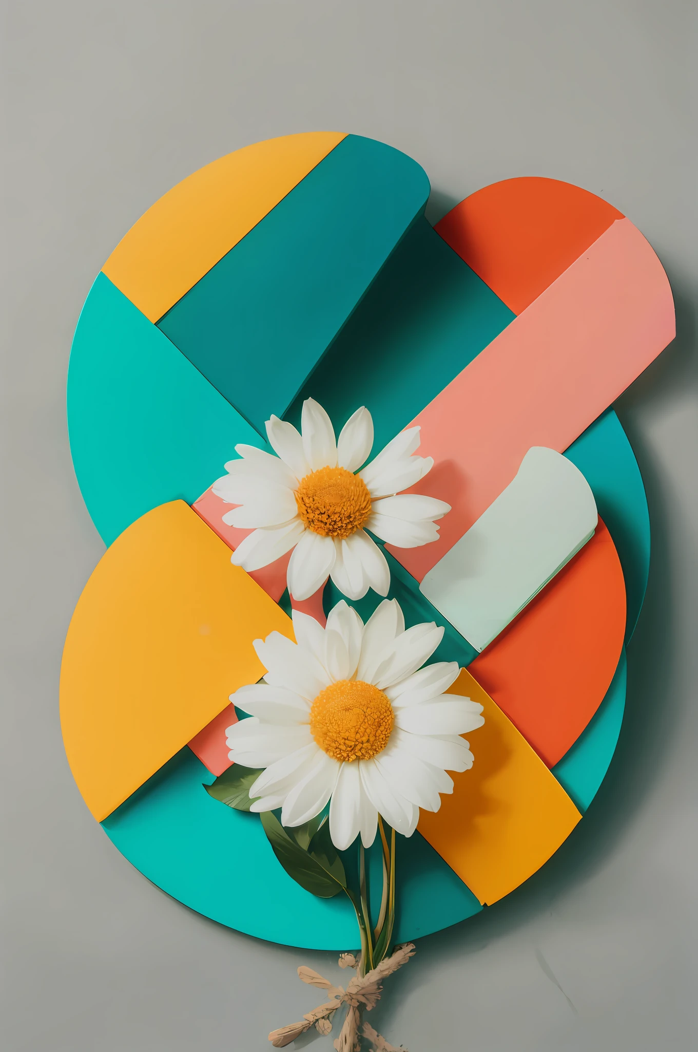 There is a flower that is sitting on a circle of paper, playful composition, colorful composition, flores coloridas, detalhes e cores vivas, formas estilizadas em camadas, cores brilhantes e contrastantes, pastel colorido 3 d, detalhes coloridos, flores coloridas, recortes de papel de cores lisas, colorful aesthetic, minimalistic composition, Amazing simple composition, Formas simples em negrito, simple composition, mas eficaz