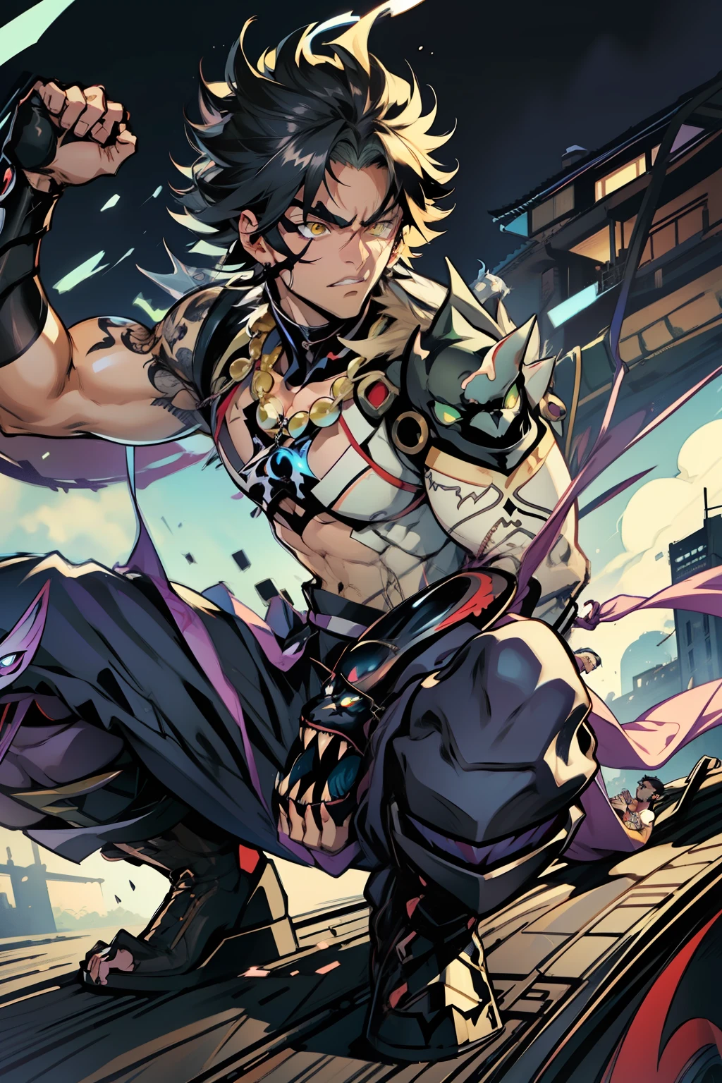 《the original god》Arataki Kazuto , male people，，((Masterpiece)), ((Best quality)), Ultra detailed,((illustration)), Dynamic Angle, Detailed light, (Delicate eyes), Floating, 1boy, Male focus, Head, Clothing, Yellow eyes, necklace, tattoo, (Forehead:0.8), (ahoge:0.8), jewelry, apathy，Ray， chest muscle， Sexy , Venom symbiote for your body, Black mucus of the body , （into venom）, Venom，frontage，style of anime4 K， 4K anime wallpaper， Badass anime 8 K， 4 k comic wallpaper， young anime man， Anime boys， Anime wallpapers 4 k， Anime wallpaper 4K， High quality anime art style， Anime moe art style， Anime art wallpaper 8 K， Anime art wallpaper 4 K， RGB lighting