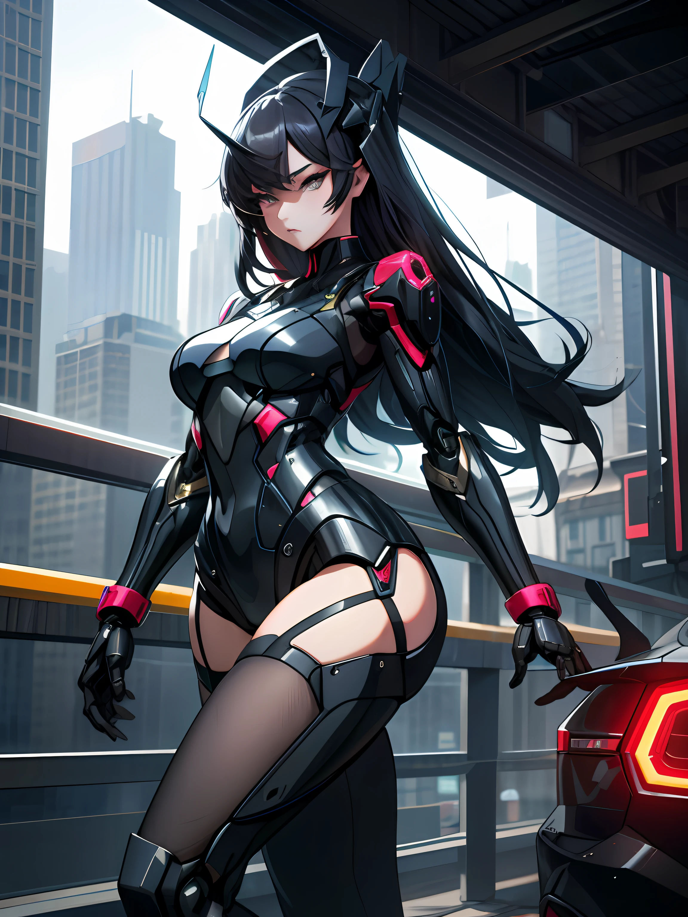 Inside the city,A girl stood in front of a robot。
break
She poses sexy with seductive expressions。
break
Beautiful and slender legs with mesh stockings on them,voluptuous figure。