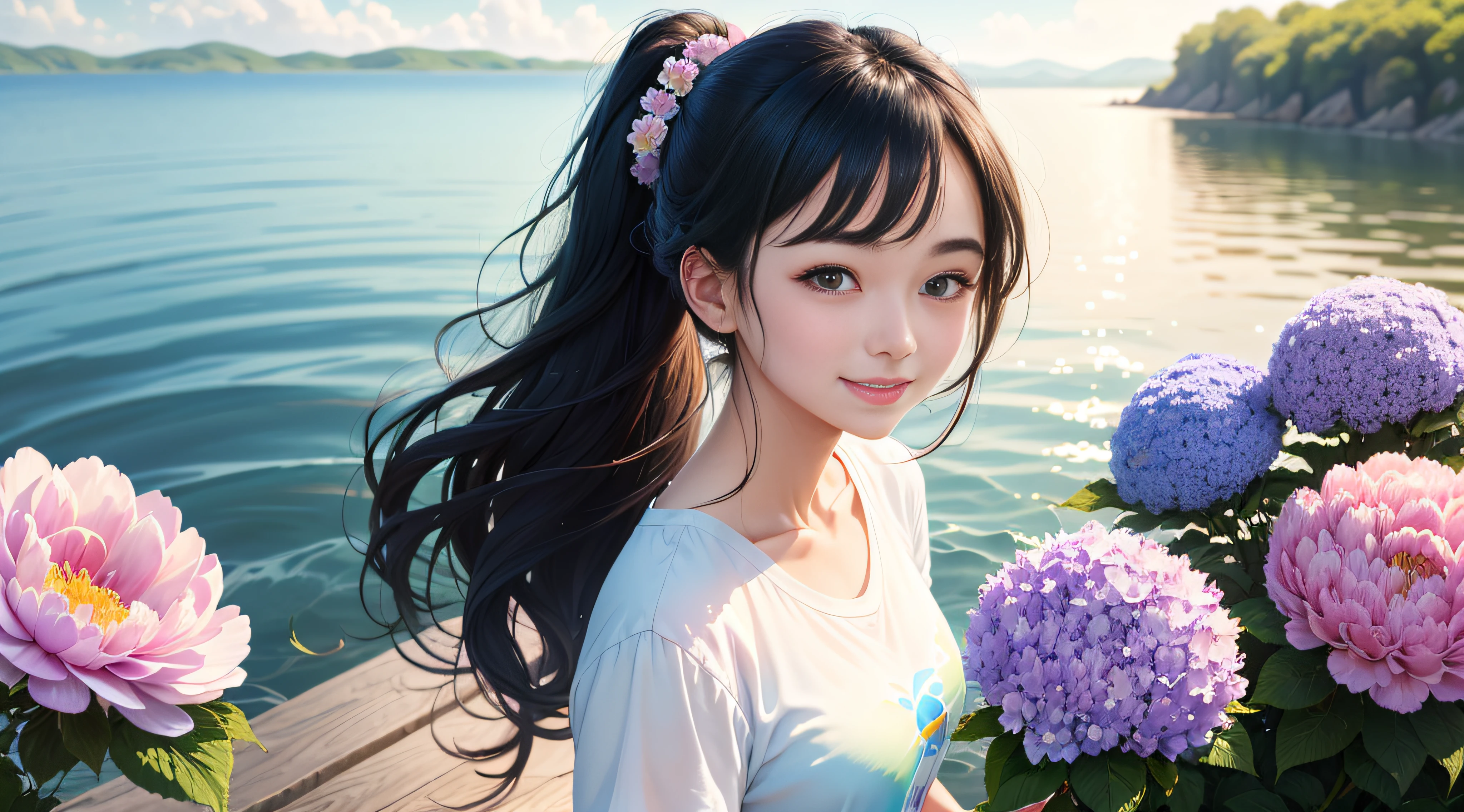In a blue sky,There are seven rainbows of flowers in the summer daytime,and the sun was shining brightly,There is soft natural light, dingdall effect,An intimate portrait of a young girl about eighteen years old,The girl's appearance is thick eyebrows,There are big watery eyes,The girl has long black hair,Wear crossed bangs,front ponytail,The head is adorned with rabbit ears,She blushed,Standing on a wooden dock wearing a pale green T-shirt,Next to the girl there is also a cute black and white border collie,A wooden pier juts out onto the tranquil lake,The girl gently closed her mouth and looked at the viewer with a smile,A hand beckons to the viewer,A happy smile on his face。The sun casts a warm glow on the scene,Illuminates the ripples in the water,Cast a soft shadow on the girl's face。Behind her,A sea of purple and red flowers stretches into the distance,There are peony flowers,Rosa flowers,hydrangeas,The wide variety of flowers contrasts with the pale blue sky above。Despite the tranquility of the surroundings,But there was a clear sense of joy in the girl。
