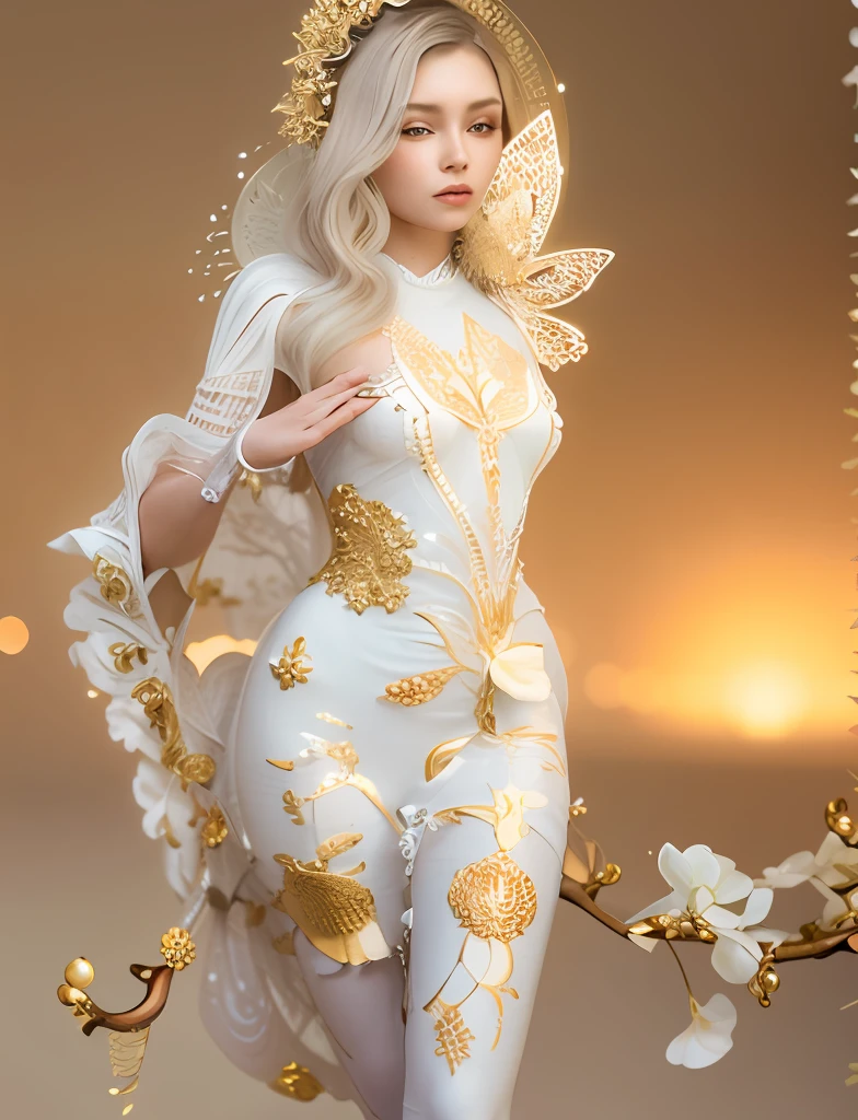 There was a woman wearing flowers woven with gold and silver jewelry,In dance,Butterflies fluttered around her, beautiful face,Nice big eyes,Fair, Delicate and Smooth Skin,Accurate hands,perfect body figure,Accurate human anatomy,Bizarre white tree,White flowers,pearls,stunning 3d render of a fairy, Ethereal beauty, Ethereal fantasy, Unexpected surprise,a stunning young ethereal figure, karol bak uhd, high fashion fantasy, fantasy. Intricate, Goddess. Extremely high detail, fantasy beautiful, ethereal details,ethereal skin,tmasterpiece,4K,professional photoshooting,
