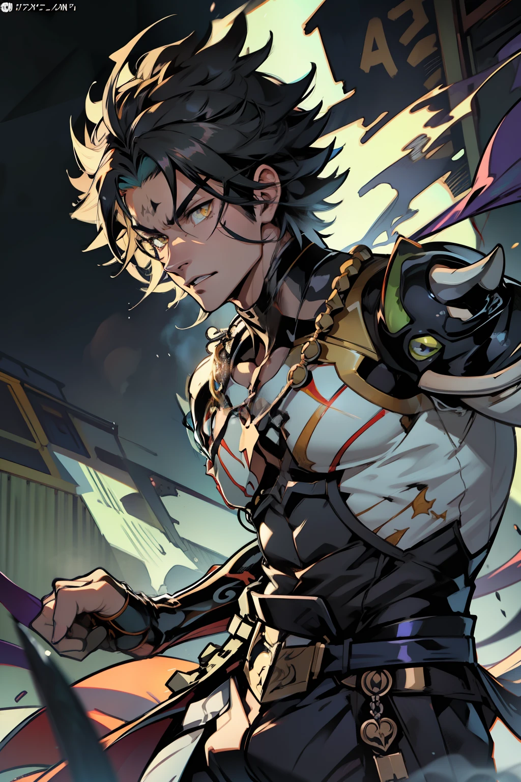 《the original god》Arataki Kazuto , male people,,((Masterpiece)), ((Best quality)), Ultra detailed,((illustration)), Dynamic Angle, Detailed light, (Delicate eyes), Floating, 1boy, Male focus, Head, Clothing, Yellow eyes, necklace, tattoo, (Forehead:0.8), (ahoge:0.8), jewelry, apathy,Ray, chest muscle, Sexy , Venom symbiote for your body, Black mucus of the body , (into venom), Venom,frontage,style of anime4 K, 4K anime wallpaper, Badass anime 8 K, 4 k comic wallpaper, young anime man, Anime boys, Anime wallpapers 4 k, Anime wallpaper 4K, High quality anime art style, Anime moe art style, Anime art wallpaper 8 K, Anime art wallpaper 4 K, RGB lighting