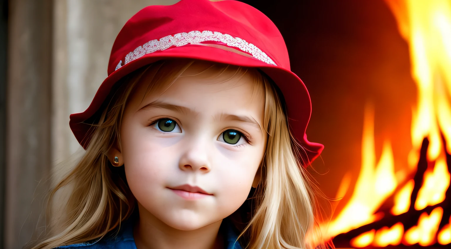BLONDE CHILD LONG HAIR WEARING A HAT , nuclear explosion, fire, raio.