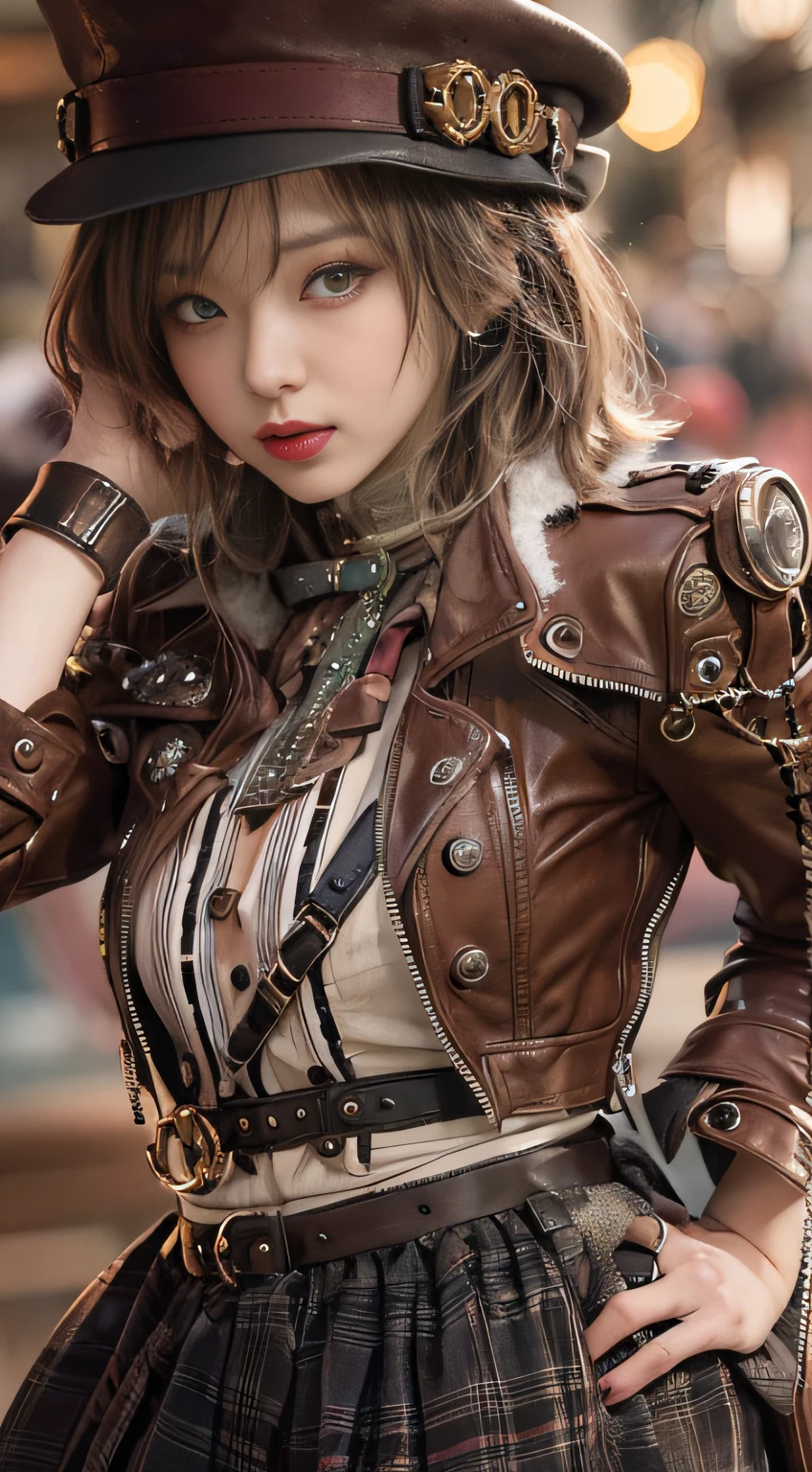 Cute girl, Leather clothing, Knee Shooting, Exposure arm, steampunk pin-up girl, Steampunk girl on garter, steampunk beautiful, Steampunk goddess, Steampunk style location, Steampunk clothing,. Wear a steampunk dress, close up portrait shot, steampunk inventor girl, High-quality close-ups,
NSFW, 8K Raw photograph, The highest image quality, masutepiece, hyper qualit, filmgrain, Natural skin texture, Realistic Eyes and Face Details, full pouty lips, lipstick, (make up), Red eye shadow, Short fluffy hair, hair messy, Smile, Full mouth, Nice legs, Tall woman, (background detail), Slim, Slim and beautiful legs, One, cleavage, leges, One, cleavage, Hip appearance pose, Very short skirt, glute, shirt, Hip appearance pose, Skirt, glute, shirt, (background detail), Burberry check, Plaid skirts, (((Very small chest))), There is a little shirt, Background blur explanation: burberry, Pleated skirt, depth of fields
