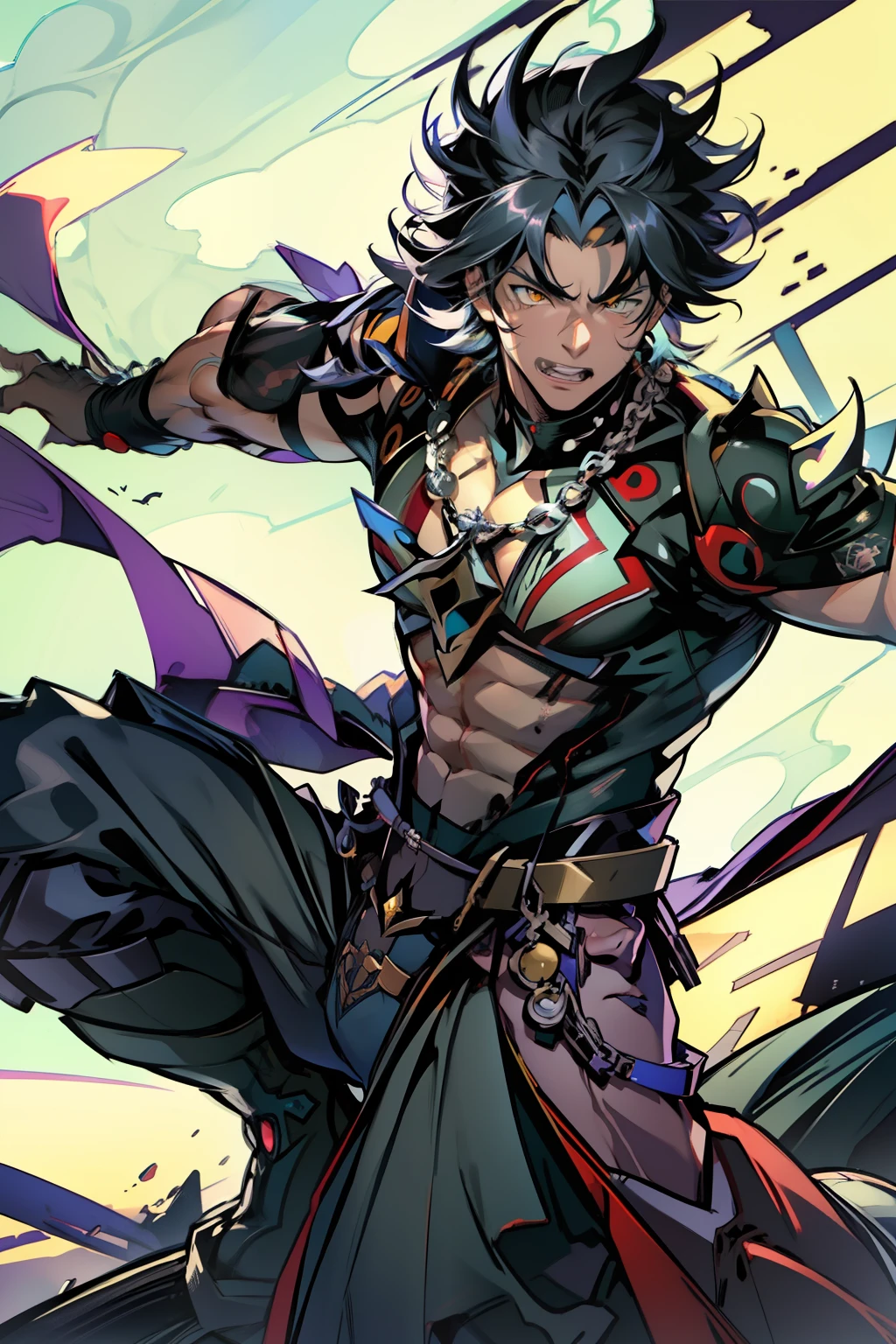 《the original god》Arataki Kazuto , male people,,((Masterpiece)), ((Best quality)), Ultra detailed,((illustration)), Dynamic Angle, Detailed light, (Delicate eyes), Floating, 1boy, Male focus, Head, Clothing, Yellow eyes, necklace, tattoo, (Forehead:0.8), (ahoge:0.8), jewelry, apathy,Ray, chest muscle, Sexy , Venom symbiote for your body, Black mucus of the body , (into venom), Venom,frontage,style of anime4 K, 4K anime wallpaper, Badass anime 8 K, 4 k comic wallpaper, young anime man, Anime boys, Anime wallpapers 4 k, Anime wallpaper 4K, High quality anime art style, Anime moe art style, Anime art wallpaper 8 K, Anime art wallpaper 4 K, RGB lighting