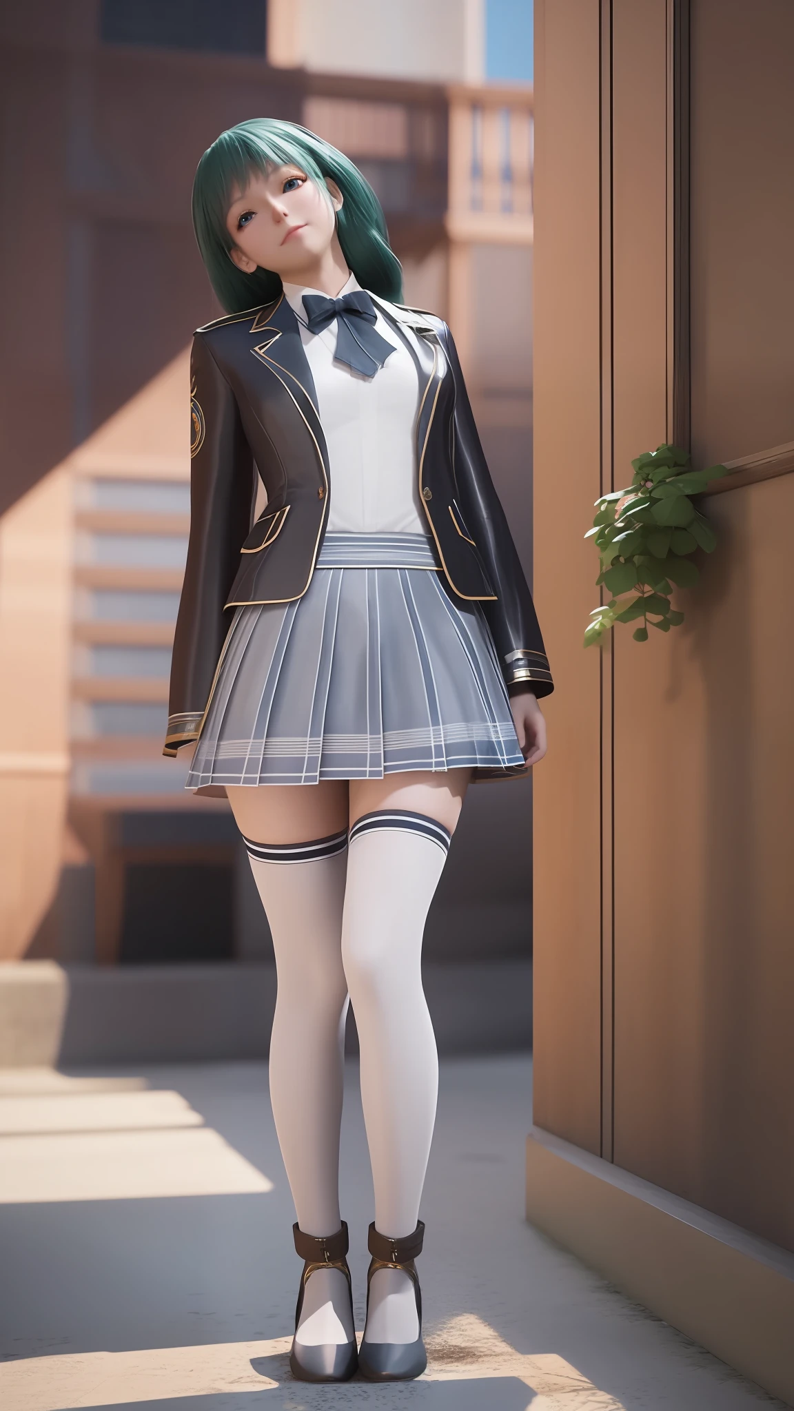 there is a woman in a skirt and a jacket posing for a picture, Surrealism female students, Surrealism female students, Realistic schoolgirl, thighhighs and skirt, photorealistic anime girl rendering, 3 d anime realistic, Smooth anime CG art, photorealistic full body, Photorealistic anime, Realistic anime 3 D style, photorealistic perfect body, wearing skirt and high socks