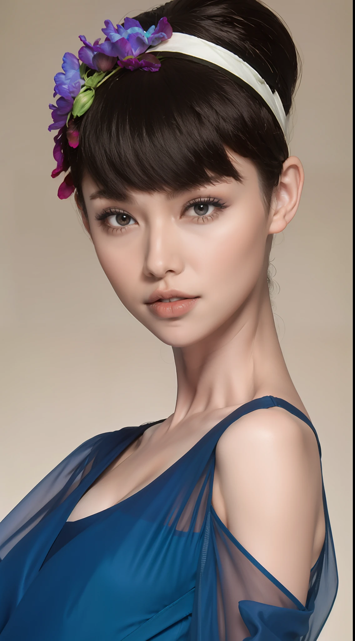 Fashion model 20 years old [[[[closeup cleavage]]]], [[[[boobgasm]]]], [[[[coll]]]], [[[[bshoulders]]]], perfect  eyes, Perfect iris，Perfect lips，perfect teeth，Perfect skin，Long face，slender nose，with fair skin，Soft front light，hdr，Movie girl，Casual，The background is outdoor，Flowers and greenery，（pastel colour：1.2）