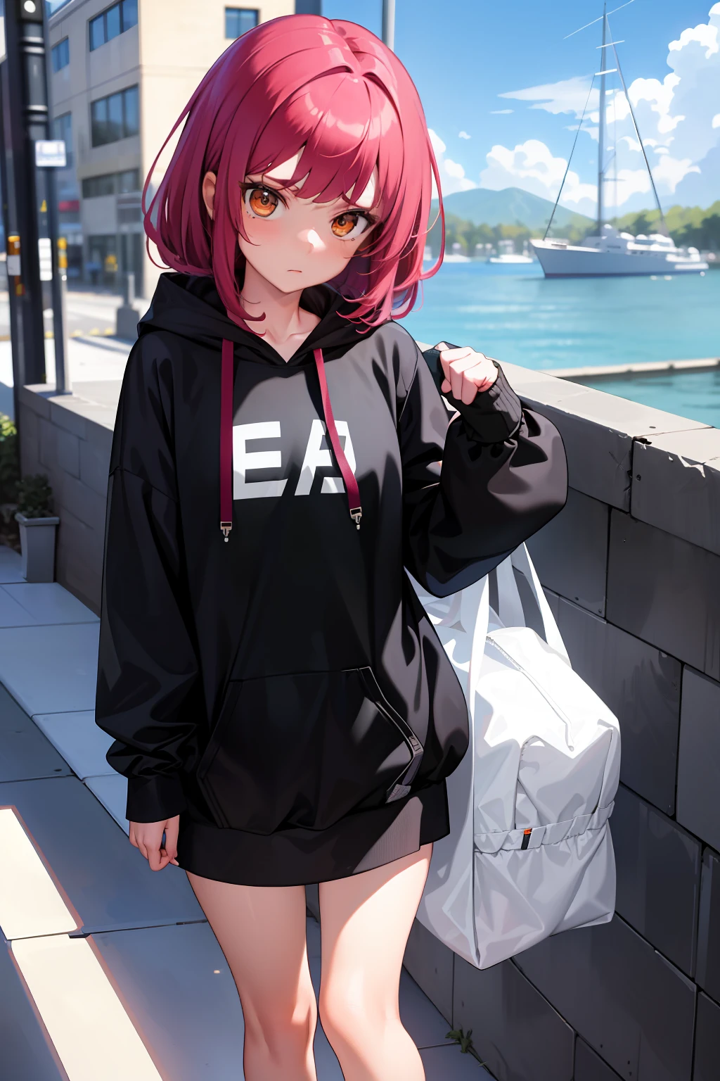 1girll， Clothes pulling， oversize clothes， hoody， ?????-hoodie， Sweater tugboat， ventania， pantyless，， tmasterpiece， Best quality at best， highly  detailed