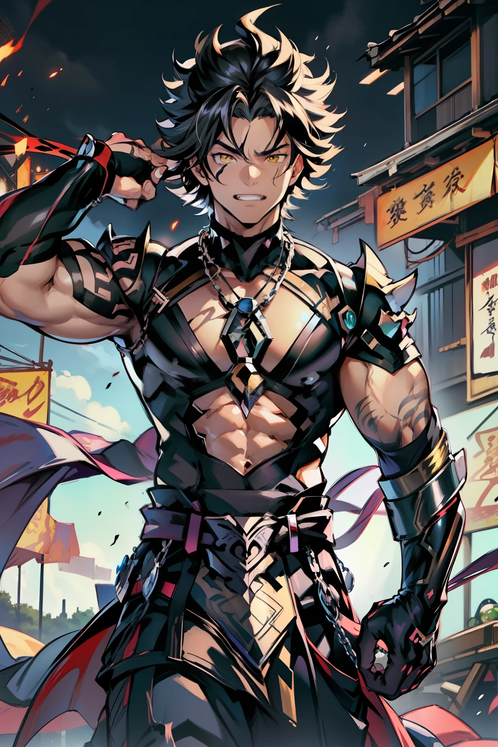 《the original god》Arataki Kazuto , male people,,((Masterpiece)), ((Best quality)), Ultra detailed,((illustration)), Dynamic Angle, Detailed light, (Delicate eyes), Floating, 1boy, Male focus, Head, Clothing, Yellow eyes, necklace, tattoo, (Forehead:0.8), (ahoge:0.8), jewelry, apathy,Ray, chest muscle, Sexy , Venom symbiote for your body, Black mucus of the body , (into venom), Venom,frontage,style of anime4 K, 4K anime wallpaper, Badass anime 8 K, 4 k comic wallpaper, young anime man, Anime boys, Anime wallpapers 4 k, Anime wallpaper 4K, High quality anime art style, Anime moe art style, Anime art wallpaper 8 K, Anime art wallpaper 4 K, RGB lighting