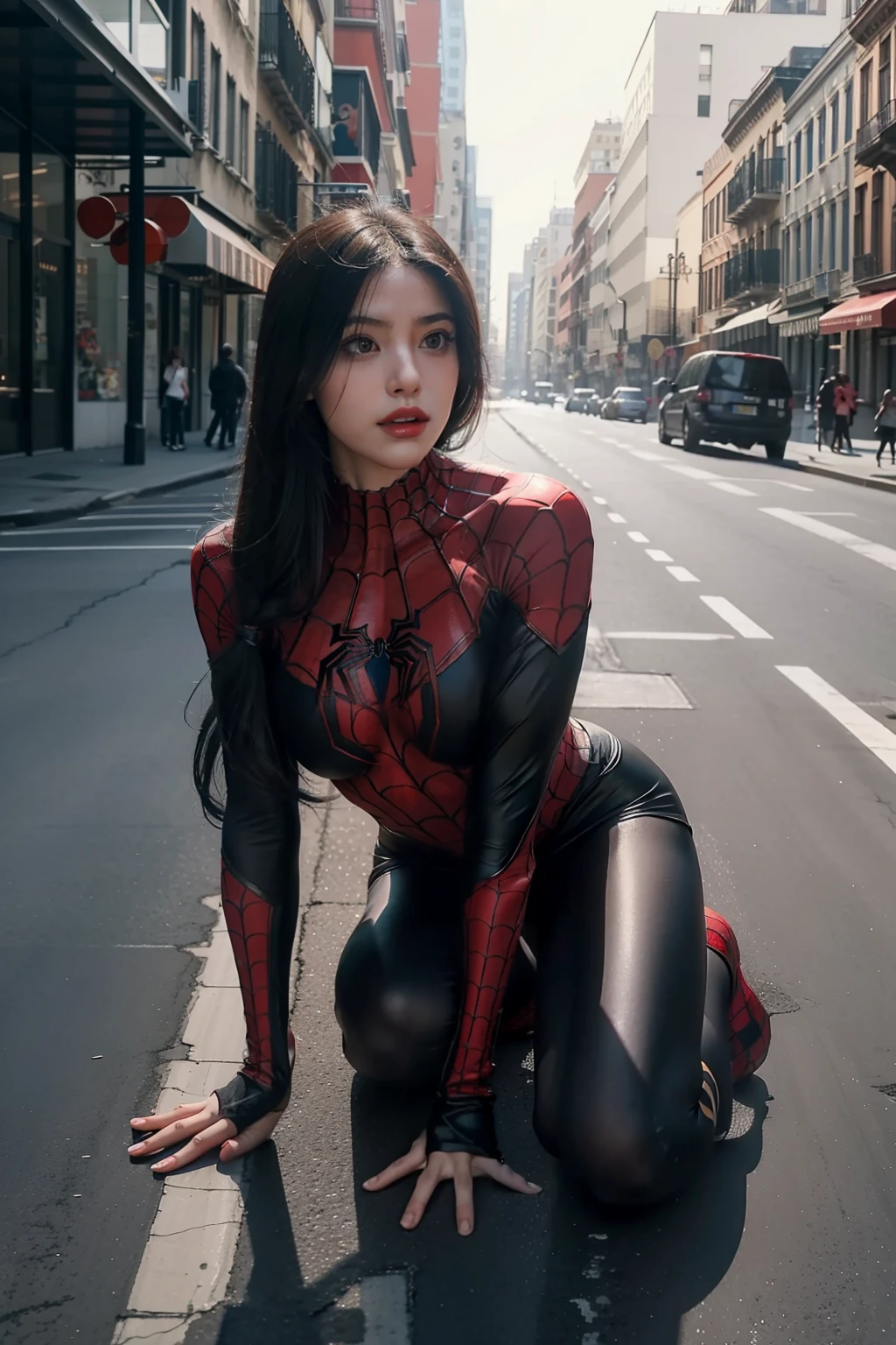 1girl, heroes, spidergirl, spiderwomen, spidergirl no mask, on the road, street, muscle, girl muscle, sexy girls, big breast, full body details, high quality, best quality, 8k, realistic, masterpiece