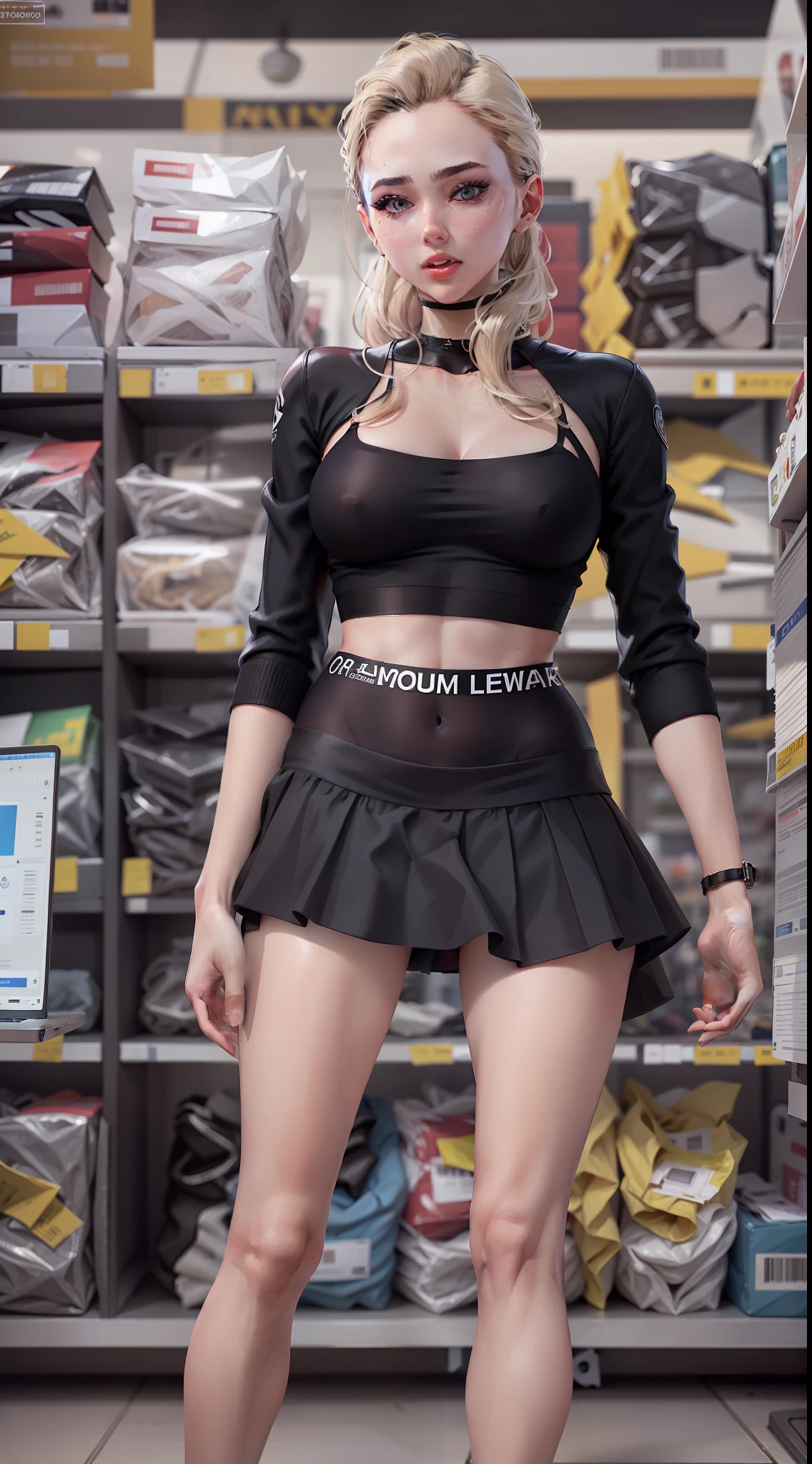 Реалистичность 4K, Masterpiece, Long-legged slim blonde with a perfect body and the most detailed face without underwear in a wide black short skirt with a high waist, Lifting the skirt up, In Choker, no panty, without a bra, in high sandals in a computer hardware store, in a sexual position, looks at the viewer, seen from behind