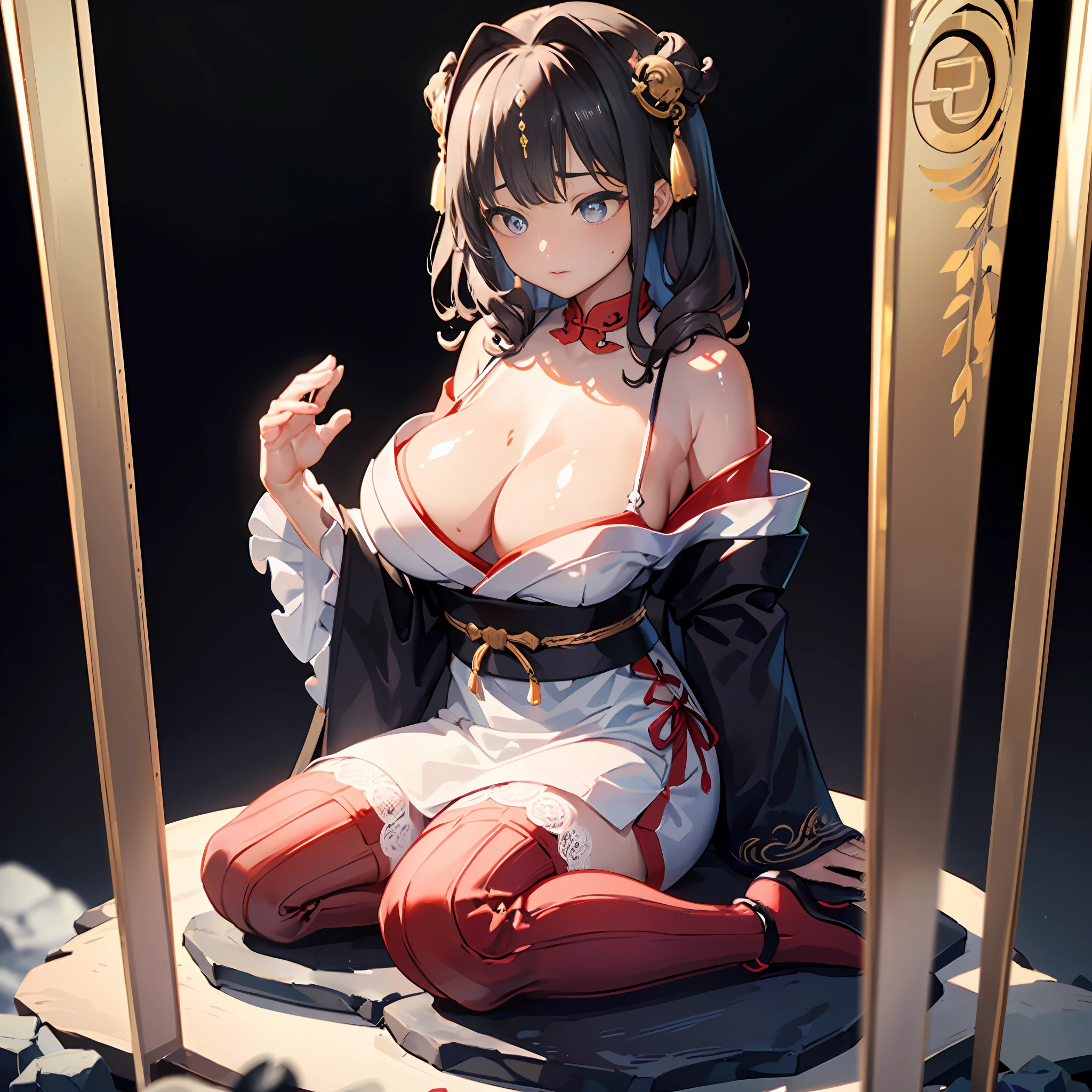 (Golden ratio:1.2),[(Colorless background:1.4)::10],(Masterpiece), (Best quality), (Ultra detailed),(Disheveled hair),(illustration),(delicate detailed), (intricate details), (cinematic light, best quality Backlights), clear line, from below, solo female，perfect bodies，(1girl:1.3),Solo,full bodyesbian,Slime girl,(Transparent red skin:1.4),(The legendary eight-foot adult of Japan:1.4),（Exaggerated body proportions）,（Nine-headed body）,Dark red hair,Hair and bangs cover the eyes,Qi bangs,The longest wavy curls,gigantic cleavage breasts,(Heavy breasts:1.2)+(long breasts:1.3),(Breasts are larger than the torso:1.3),(Plain white red trim off-the-shoulder strap sleeve dress，There are ruffles and lace trims:1.3),(Sit on a pile of lava bubbling rocks:1.2)+(Taijitu of Chinese Taoism。（Black and white yin and yang tai chi）:1.3)+[(Inception:1.2)],hyper HD, retinas, Anatomically correct, Textured skin, Super detail, Best quality, A high resolution（Very detailed CG unity 8K wallpaper）,rendering by octane， （Unbeatable masterpiece， ultra realistic 8k cg， dramatics， Ray traching， HDR：1.2）， （best qualtiy）， fantasy， atmospurate， extremely detaile， iintricate， ultra - detailed， Harsh lighting， （mirror lighting：1.4）， （Realistic face：1.2）， （dent in the skin：1.3)