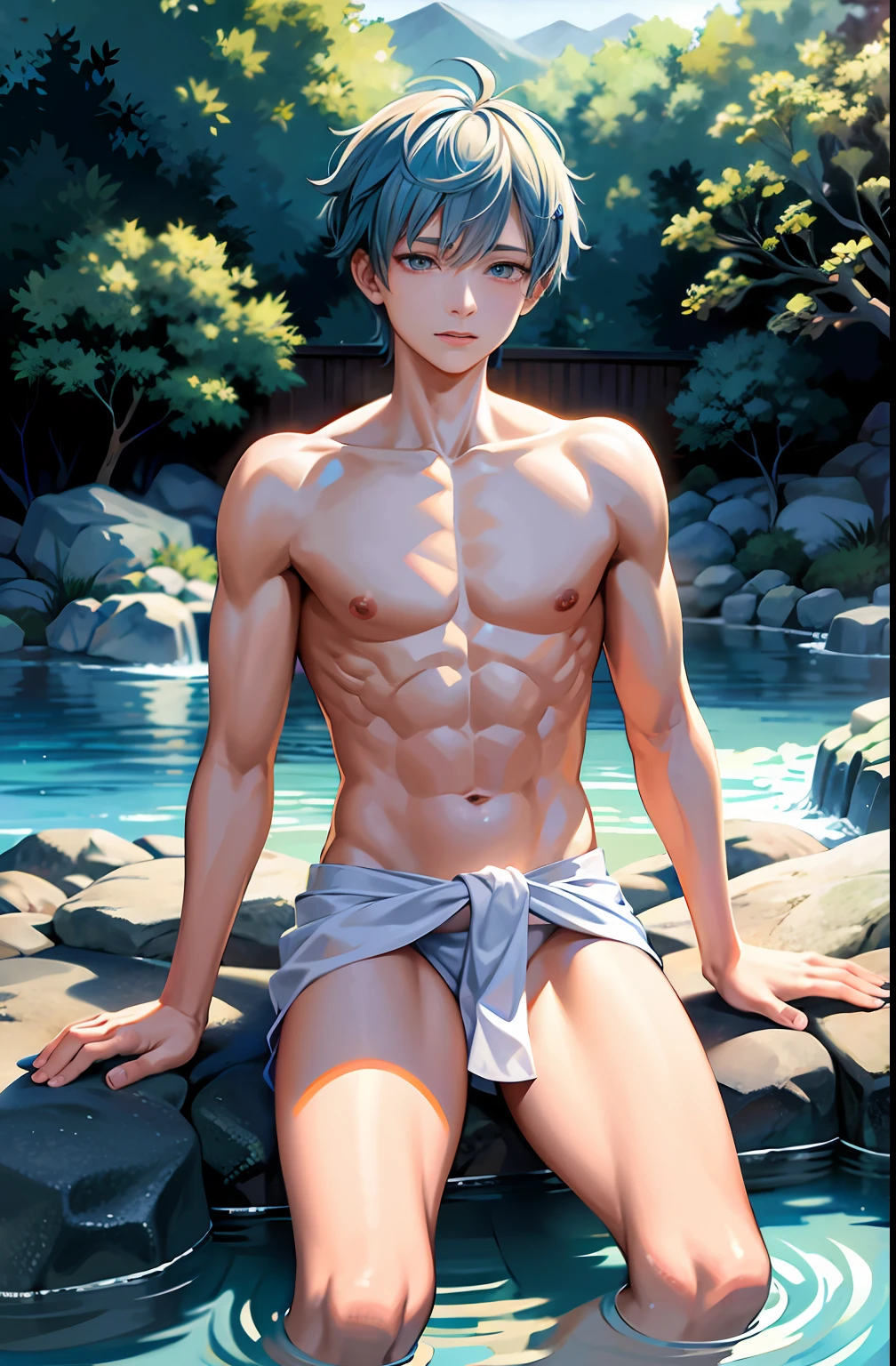 masterpiece, best quality, high quality, 1boy,10yo,, male focus, full body, looking at viewer, white blue hair,spiky hairstyle, short hair, steam smork, japan style, anime coloring, crying, home muji style, detailed face, topless, white towel on waist,finely eye and detailed face,bulge, onsen japanese style